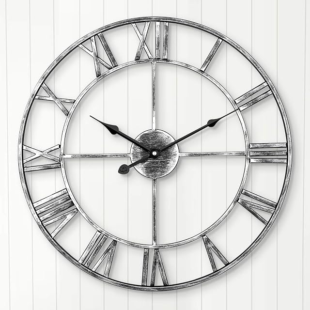 ARVINKEY Silent Wall Clock, European Farmhouse Vintage Clock with Roman Numerals, 40cm Non-Ticking Battery Operated Metal Skeleton Decorative Clock for Home Kitchen Cafe Hotel Office Decor(Silver)