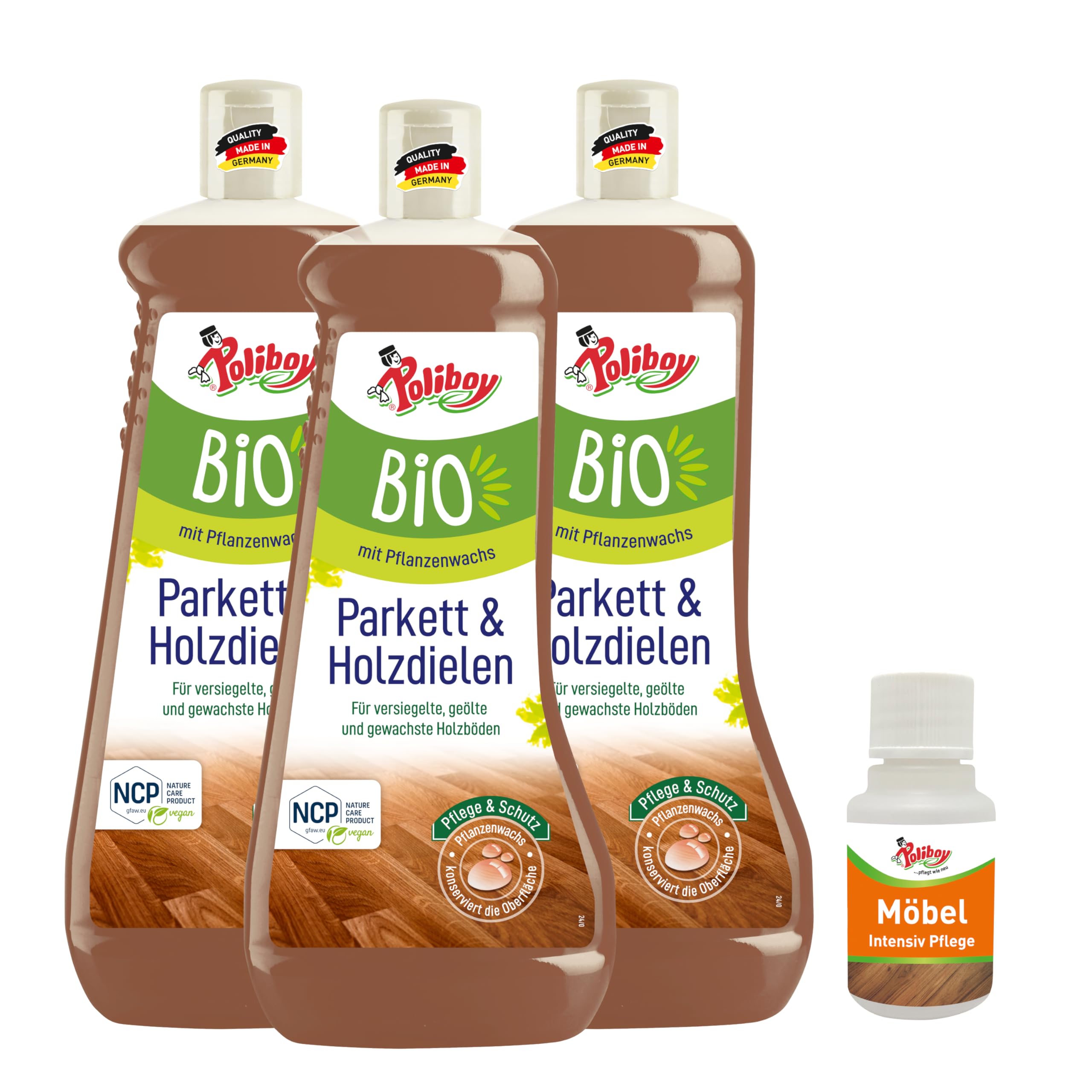 Poliboy - Cuidado y protección para suelos de madera auténtica, encerados y lacados, con cera vegetal, vegano, 3 x 1 L (3 L), con muestra de producto, fabricado en Alemania