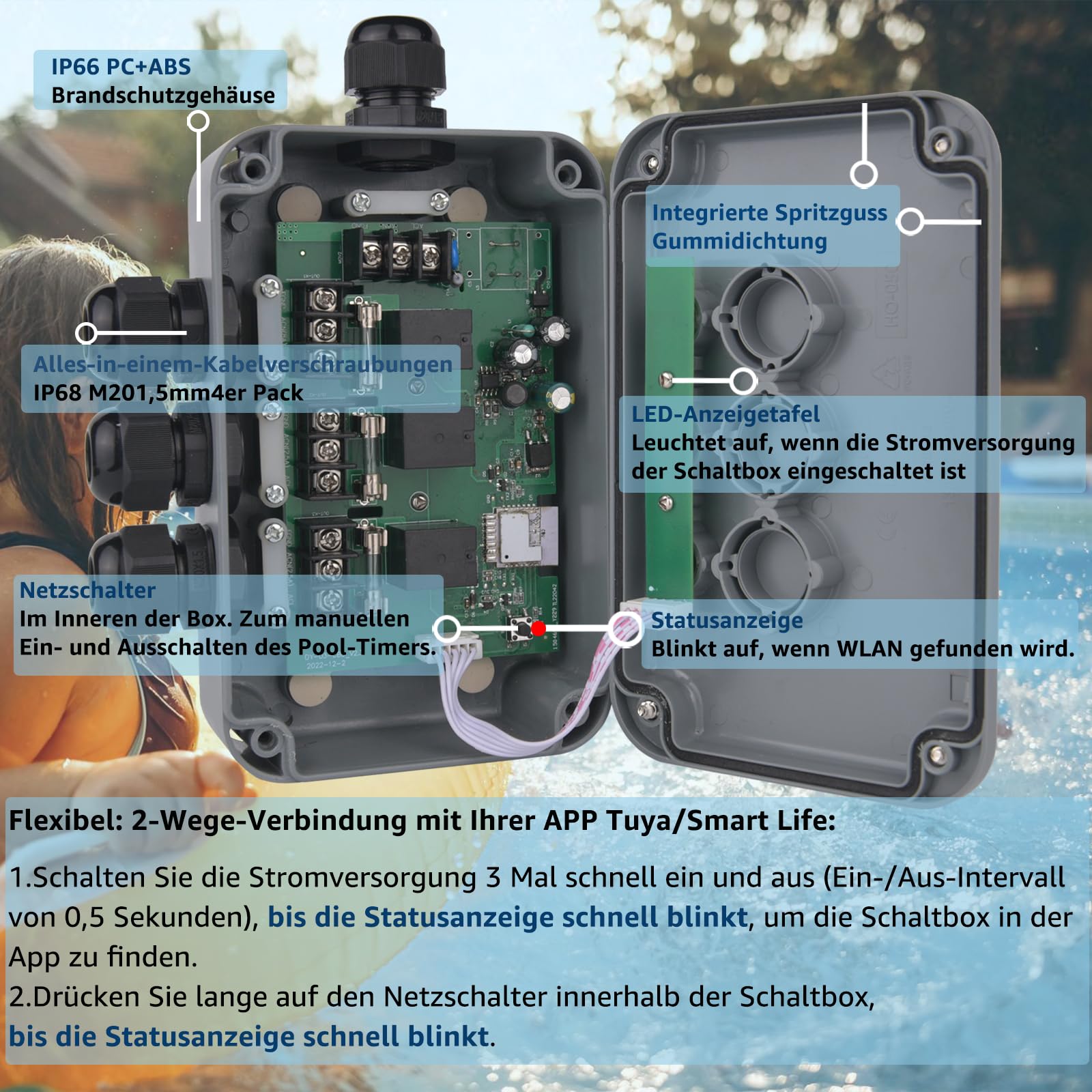 Smart Außenschalter, NineLeaf 3-fach Outdoor-Schaltbox, robuste IP66 wasserdichte Box, WiFi-Licht-Timer, Garten Schalter, Ferngesteuerte Teichbeleuchtung, kompatibel mit Tuya/Smart Life, 110V-240V