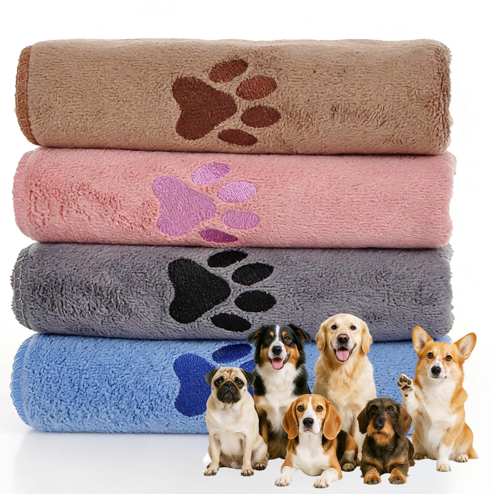 4 Stück Hunde Handtuch, 100×50cm Hundehandtuch Extra saugfähig Schnelltrocknend Haustier Mikrofaser Handtüche Hundehandtücher für Katzen Hunde Oder Andere Haustiere