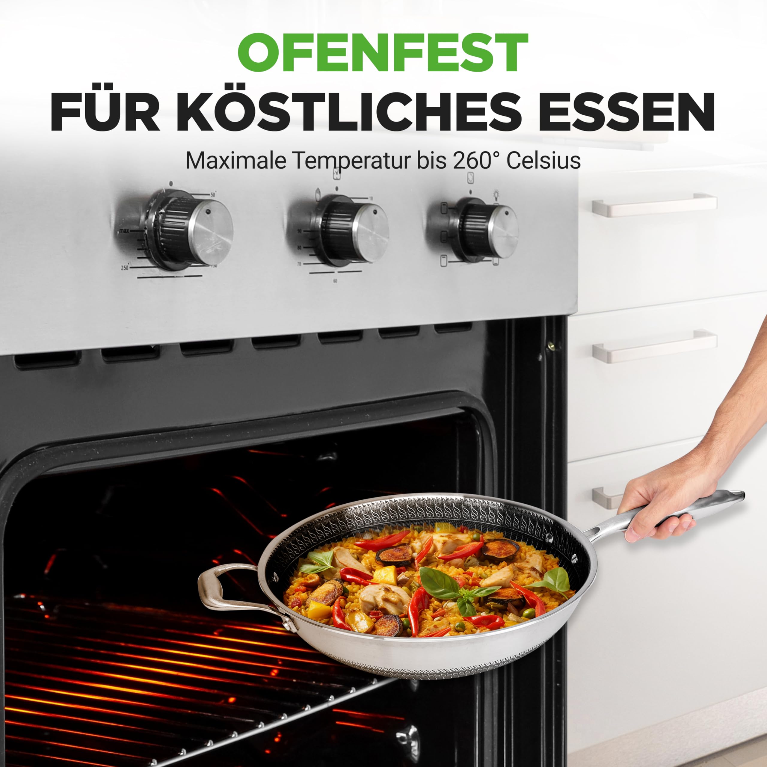 NutriChe Woklpfanne 31 cm mit Deckel – Antihaft pfanne Induktion Kratzfest spülmaschinengeeignet ofenfest und für Metallutensilien geeignet, Silver