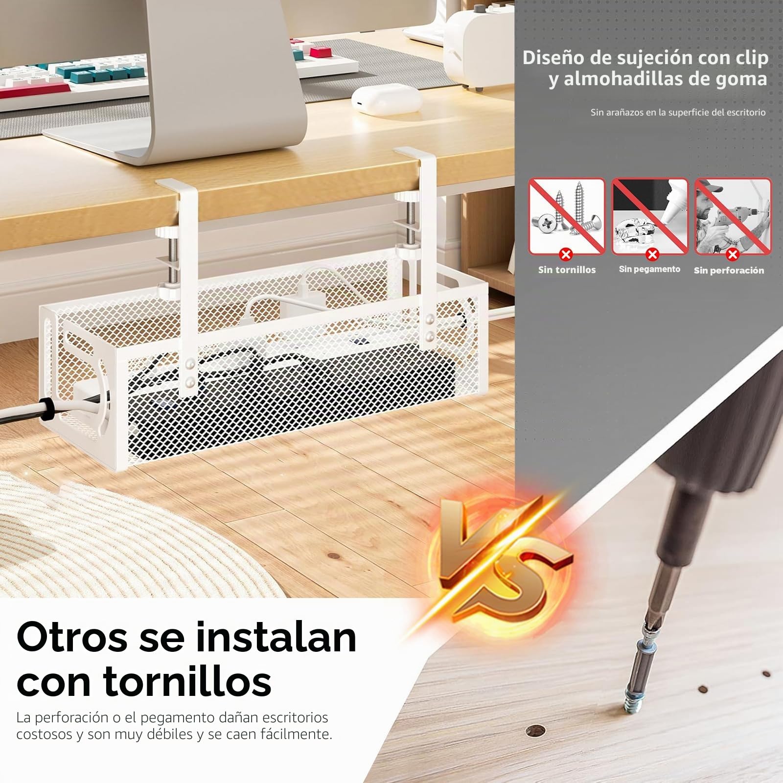 Bandeja de gestión de Cables para Debajo del Escritorio, Organizador de Cables sin Taladro, Bandeja de Cables Ajustable y retráctil, fácil de Instalar, solución de Cables para el hogar u -1 Paquete