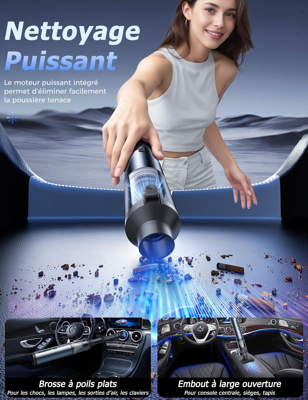 Aspirateur Voiture Puissant, 16000PA Aspirateur à Main | 4 en 1 Aspirateur de Table avec de multiples Accessoires, Aspirateur Portable pour Canapé Maison Voiture Bureau
