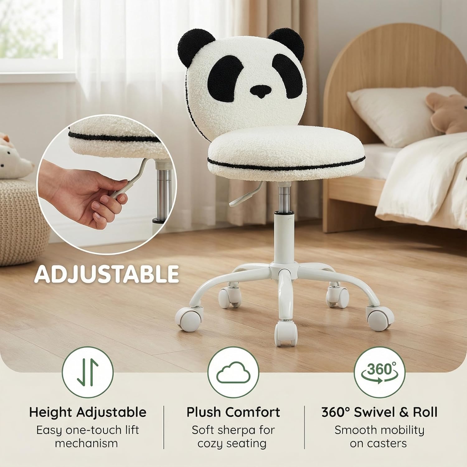 Panda Kids Desk Chair, Comfy Reading Study Chairs with Rolling Wheels, Space Saving Armless Teens Computer Chair, Ergonomic Kid Office Chairs, Sherpa Girls Desk Chair for Bedroom/Dorm, Black