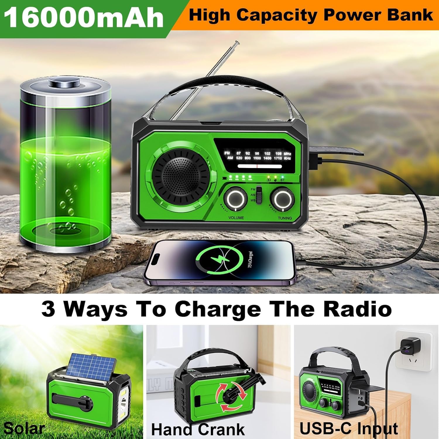 Radio Solare 16000 mAh AM/FM Portatile Emergenza con Batteria 59200 mWh, Torcia LED, Allarme SOS, Manovella Dynamo, Campeggio