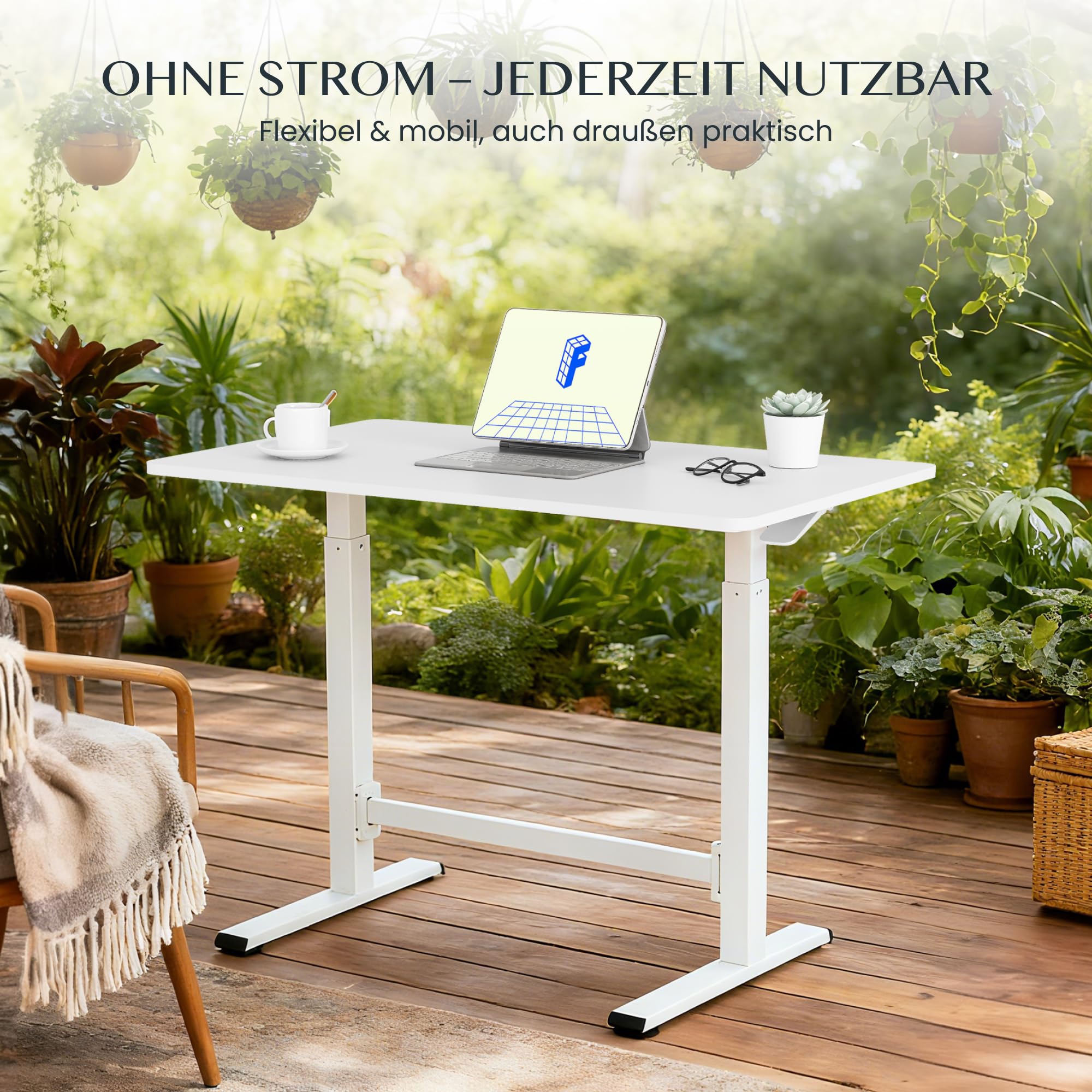 FLEXISPOT Höhenverstellbarer Schreibtisch Gasfeder mit Rollen | Einteilige wasserabweisende Tischplatte, ideal für Homeoffice, Büro, Balkon, Terrasse, Outdoor und Wohnzimmer
