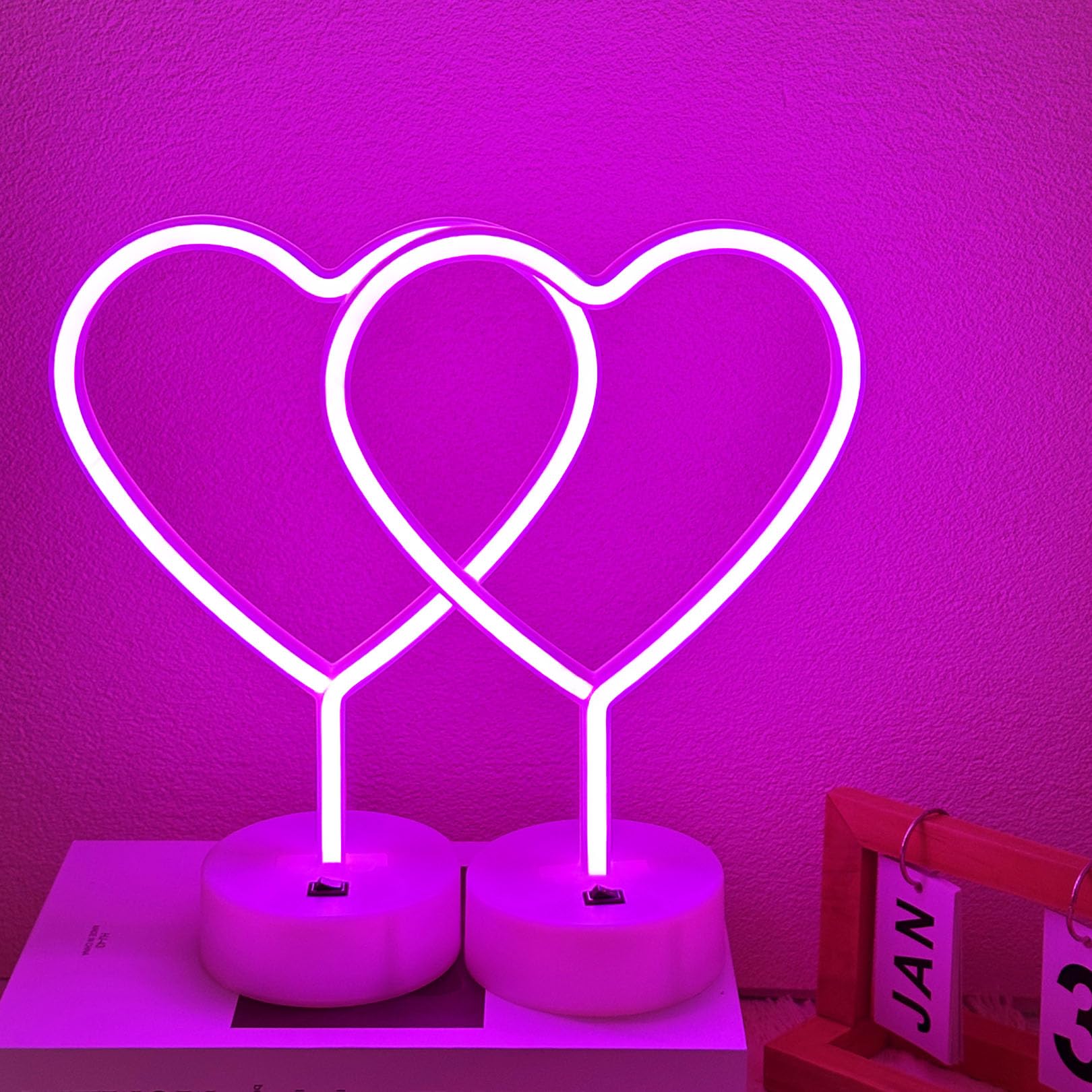 EMINGSKY Pink Heart Neon Signs 2 Pack, LED Wall Lamp for Bedroom Party Room Decor