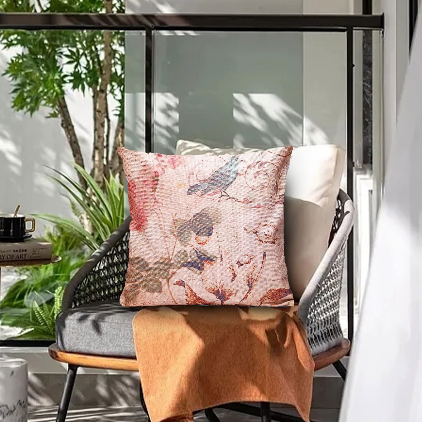ASDCXZ Federa per cuscino primaverile, 40 x 40 cm, set da 4 pezzi, motivo floreale uccello, beige, per divano, cuscino decorativo, lavabile in