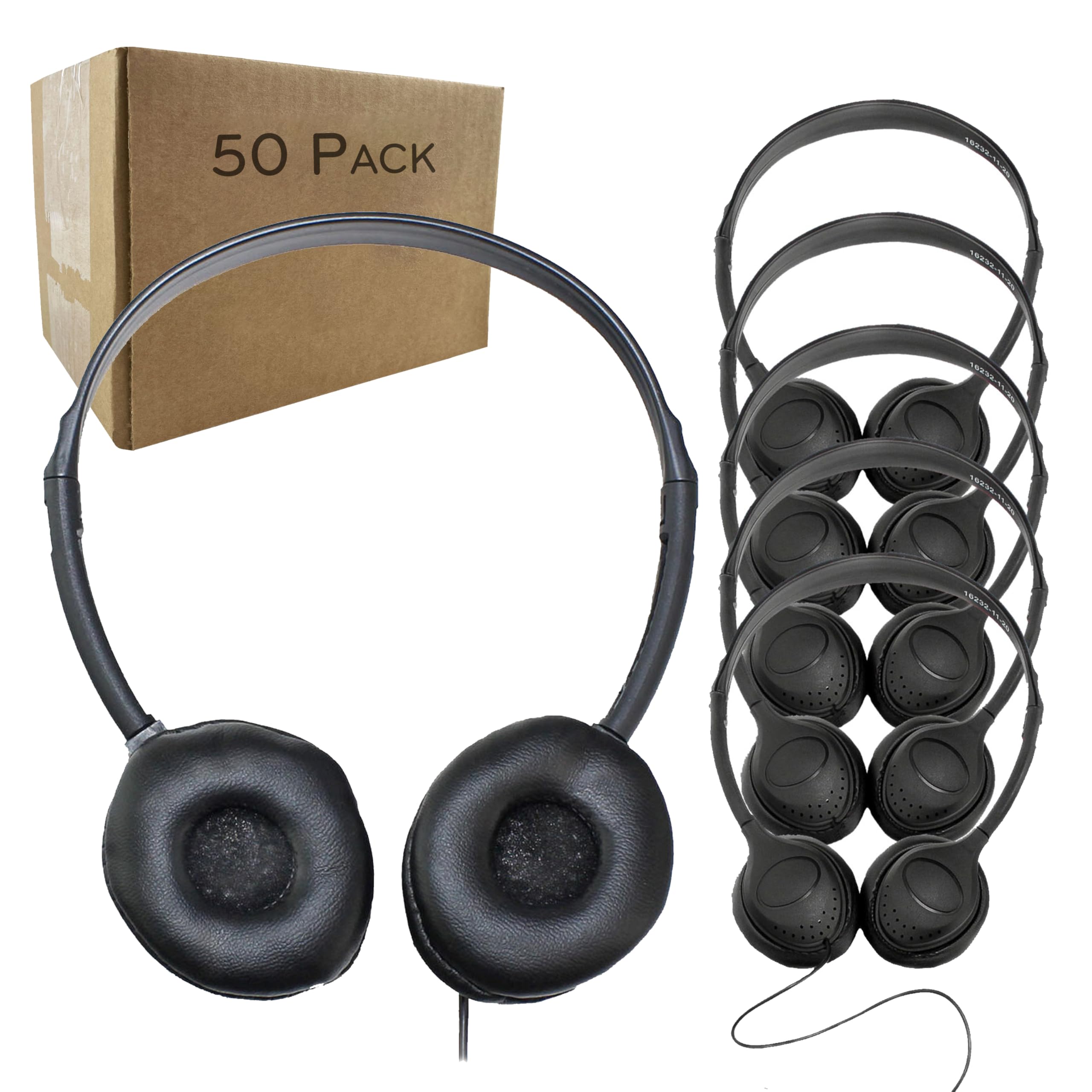 Soundnetic SN313 Bulk Classroom Headphones 50 Pack – Over The Head Stereo Low Cost Headphones with Leatherette Earpads – Ideal for Schools