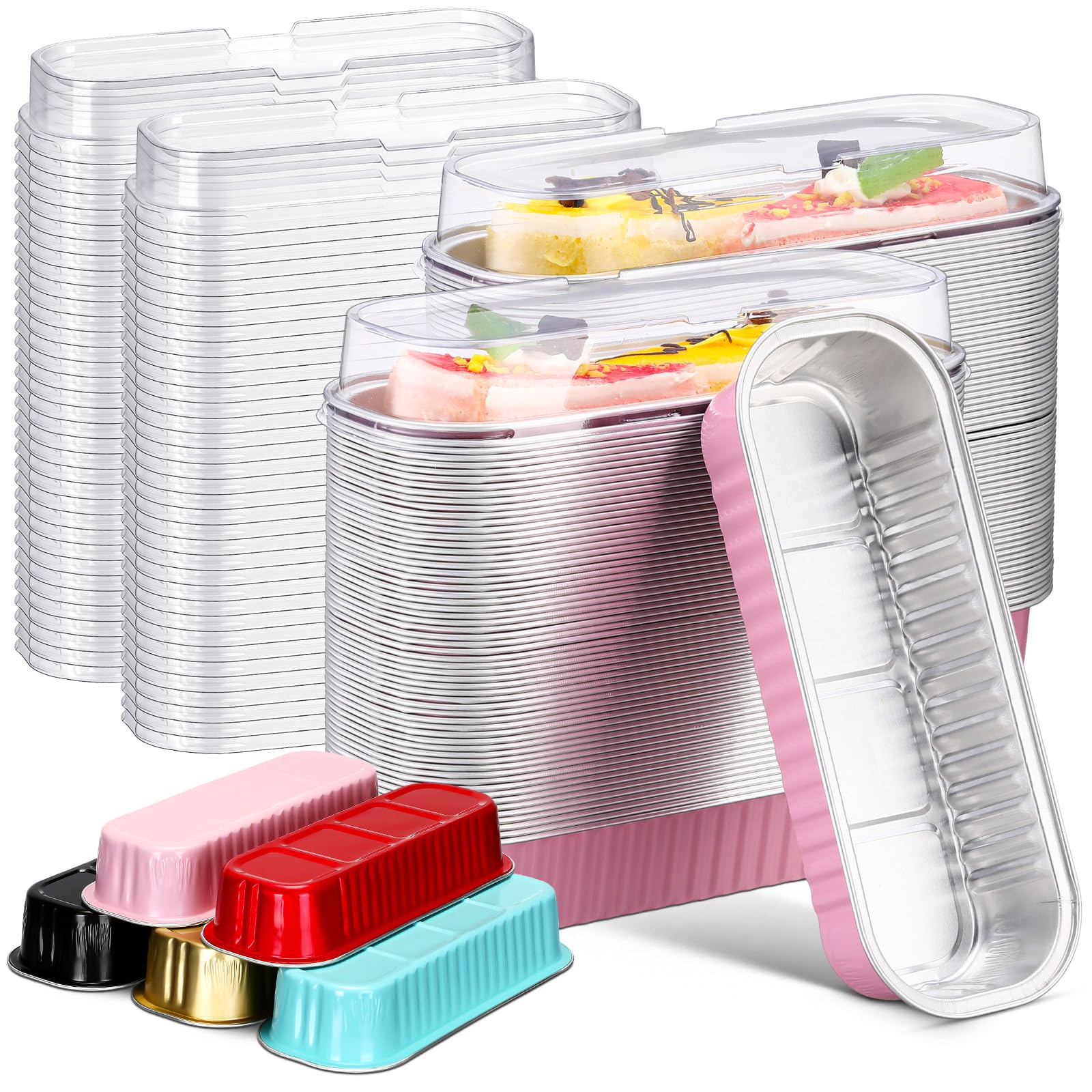 Qunclay 300 mini moldes de papel de aluminio con tapas desechables de 6.75 onzas con tapa, moldes rectangulares para hornear para fiesta de graduación, cupcakes, pan, magdalenas, pastel de queso
