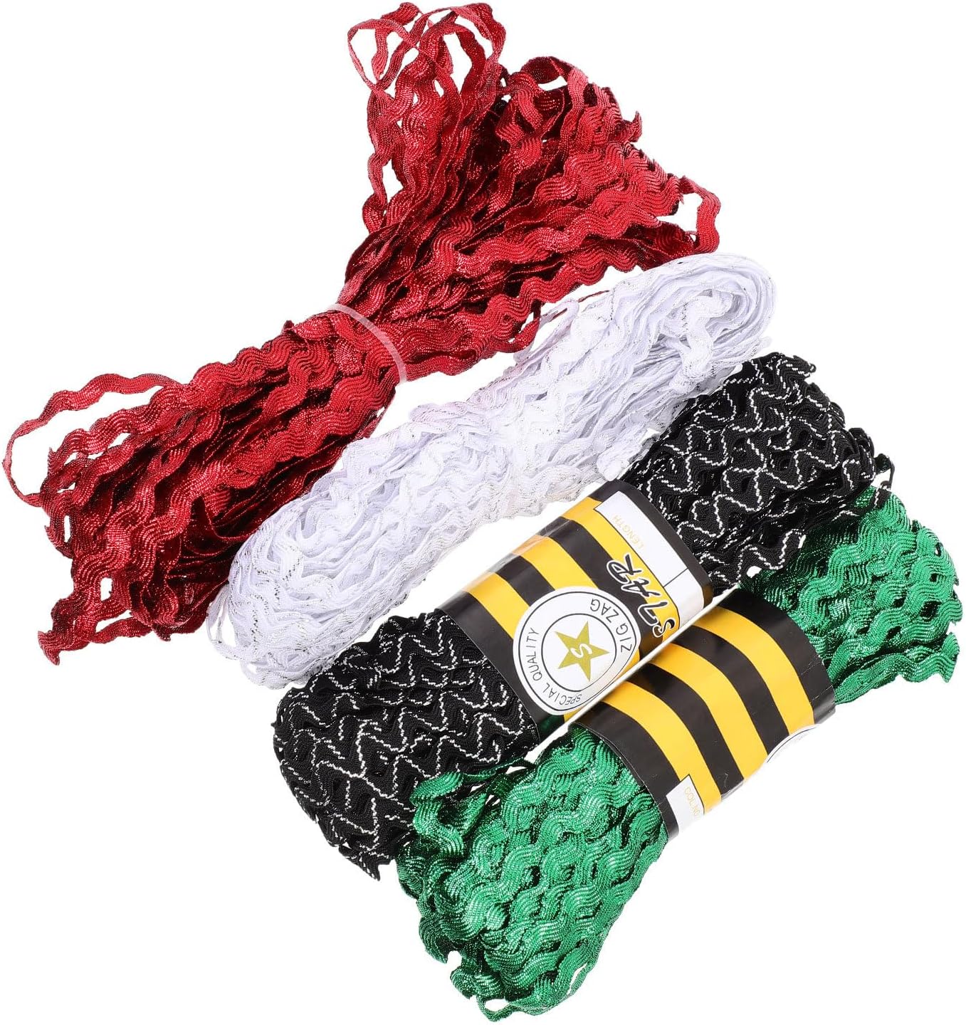 Cabilock Craft Rickrack Ribbon 5mm Waving Bending Fringe Trim 15-Yard Roll 4-Piece Red Green White Black-White for Sewing DIY Crafts and Flower Making