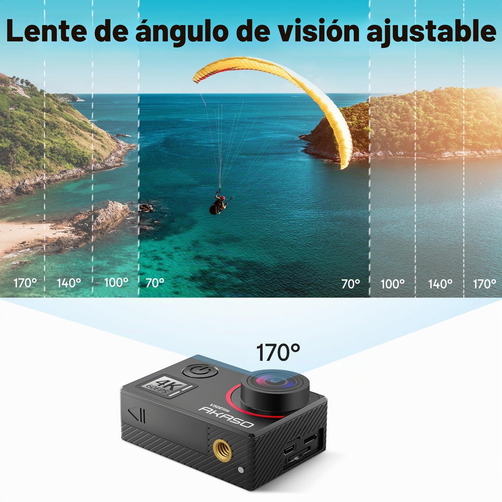 AKASO V50 Elite Cámara Deportiva 4K WiFi 20MP con Tarjeta de Memoria MicroSDXC de 64GB, Cámara de Acción con EIS Pantalla Táctil, Camara Acuatica Sumergible con 8X Zoom 2 Baterías Multi Accesorios