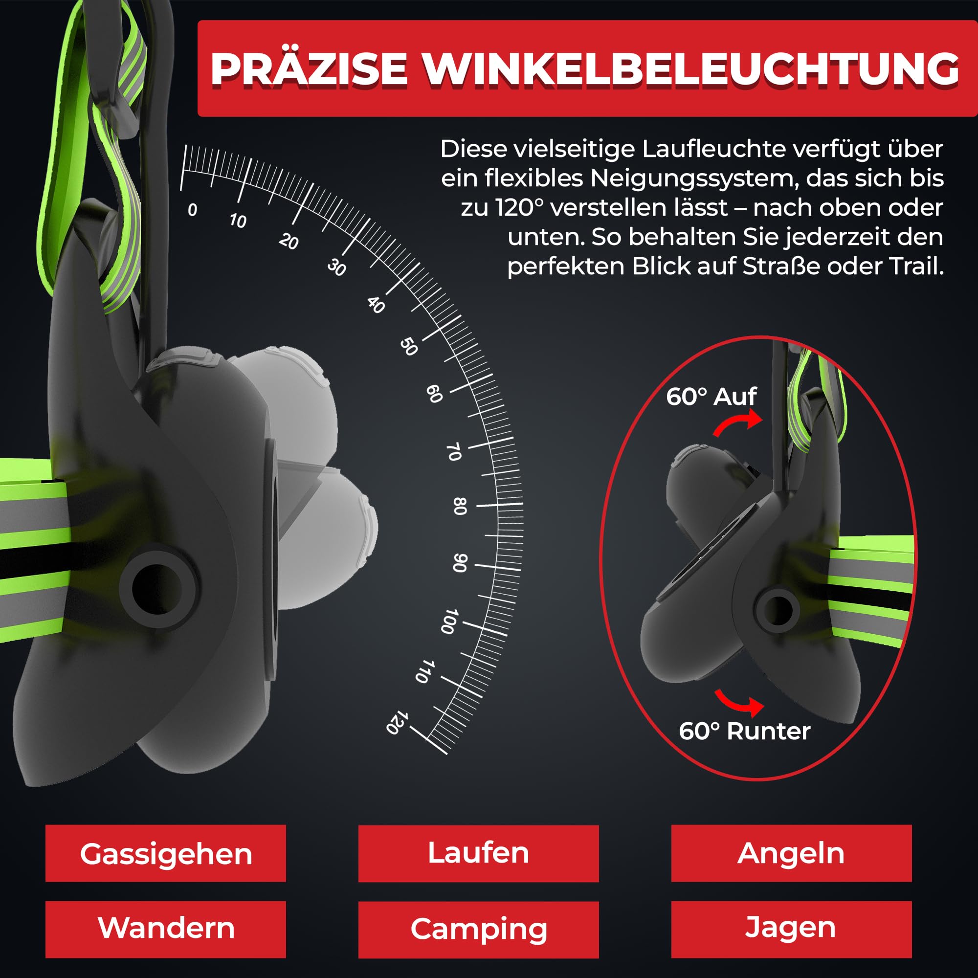 LUMEFIT Lauflicht mit Reflektoren, ideal zum Joggen und Laufen, mit 500 Lumen FrontTaschenlampe, 90° verstellbar, Laufgürtel mit rundum-Reflektoren, rotes Rücklicht, mit Akku
