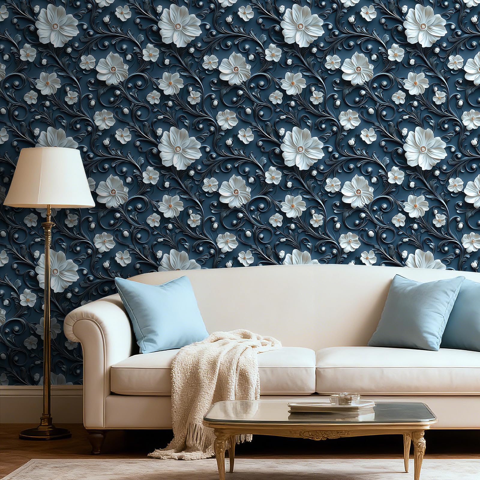 ReWallpaper Carta Da Parati Bianco e Blu Fiori 3d Effetto 44.5CMx7M Lavabile Carta Adesiva per Pareti Bagno Lavanderia Blu Pellicola Adesiva Mobili Cassetti Vinile Rivestimento Adesivo Floreale