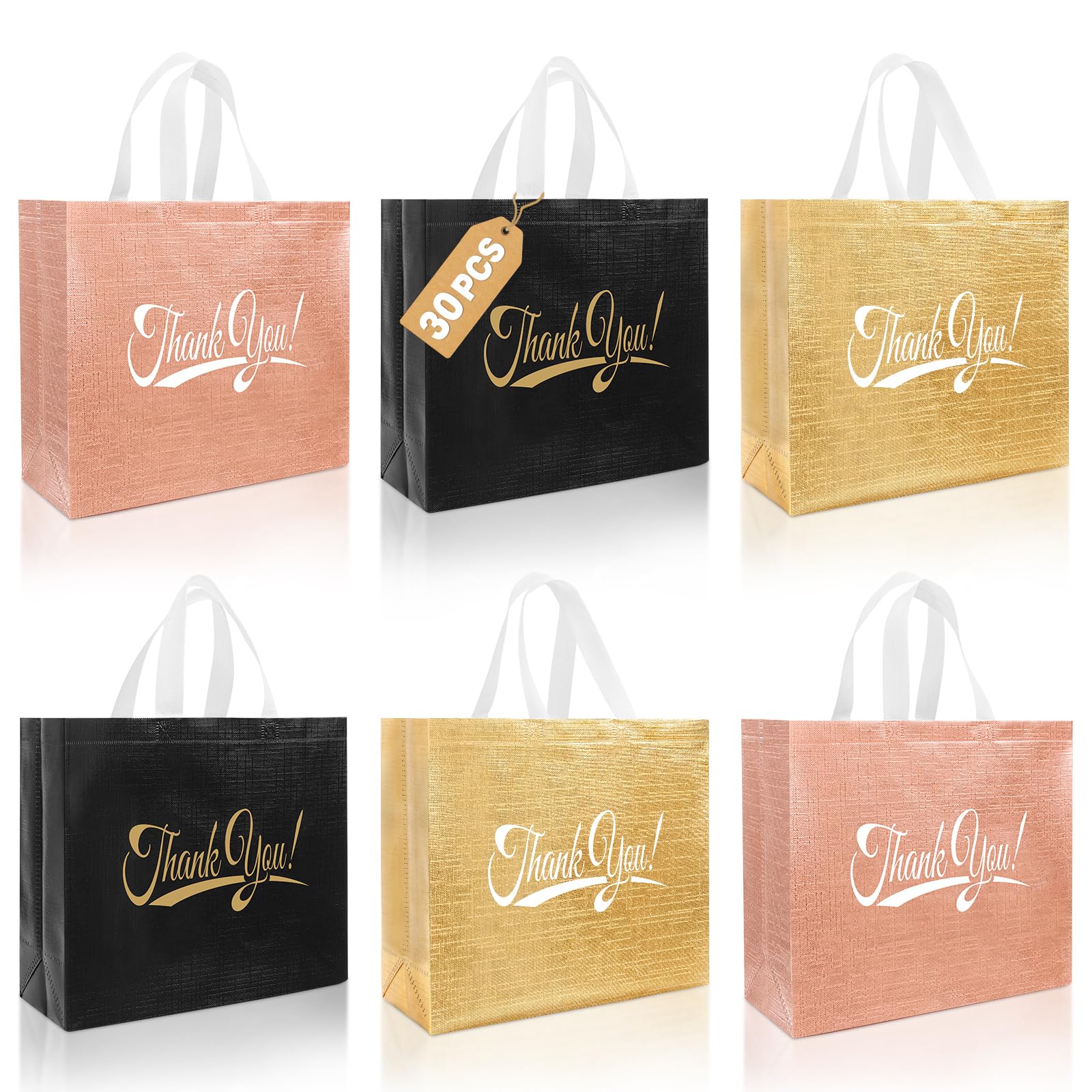 Takytao Lot de 30 sacs cadeaux de remerciement avec poignées - 27,9 x 30,5 x 12,7 cm (H x L x l) en vrac, réutilisables, sacs cadeaux de remerciement non tissés pliables pour affaires, shopping