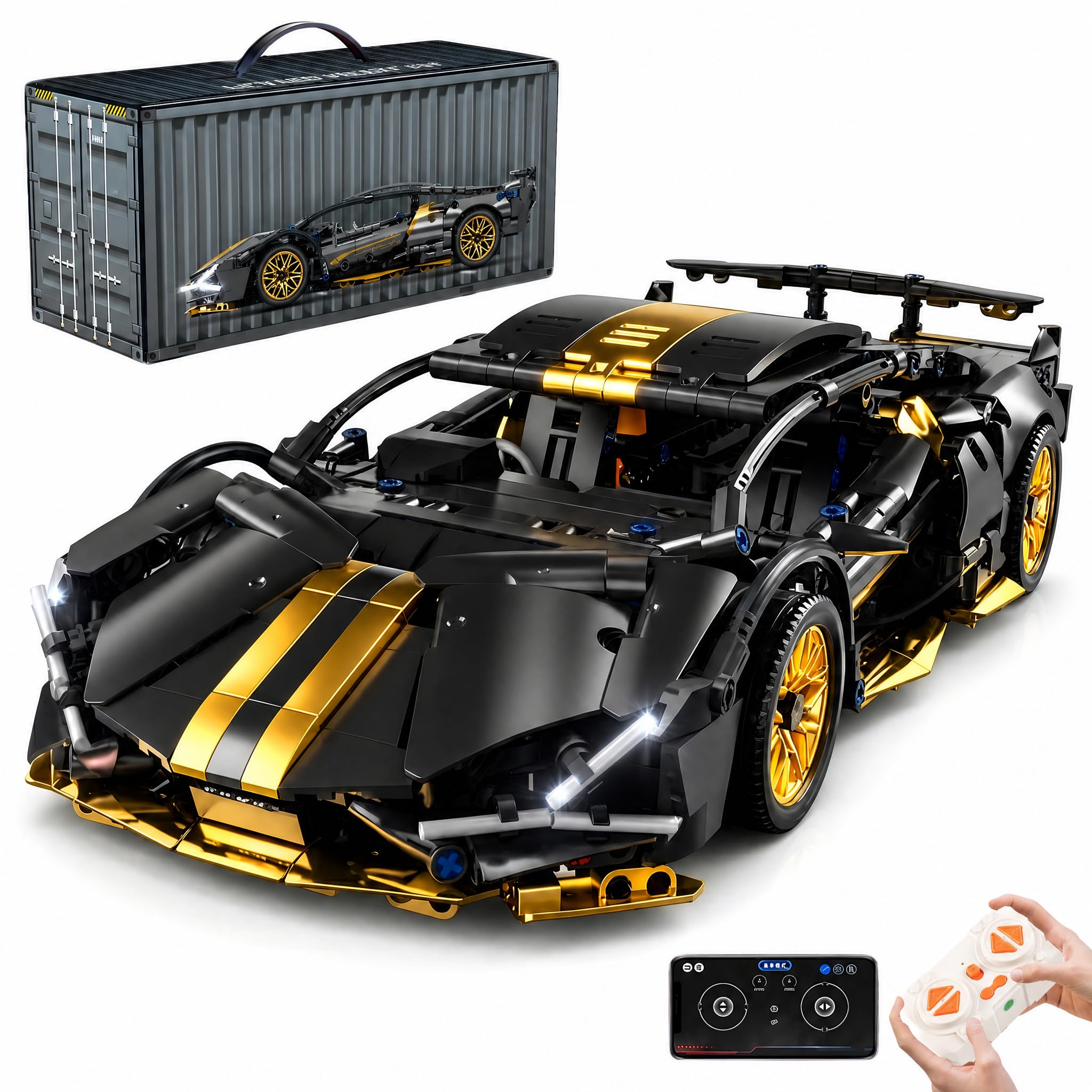 Macchina RC Supercar Nera 790 Mattoncini 1:14 – Porte Apribili LED 2.4GHz App | Kit Costruzione Auto Telecomandata Regalo 10-12 Anni STEM | Kit Completo