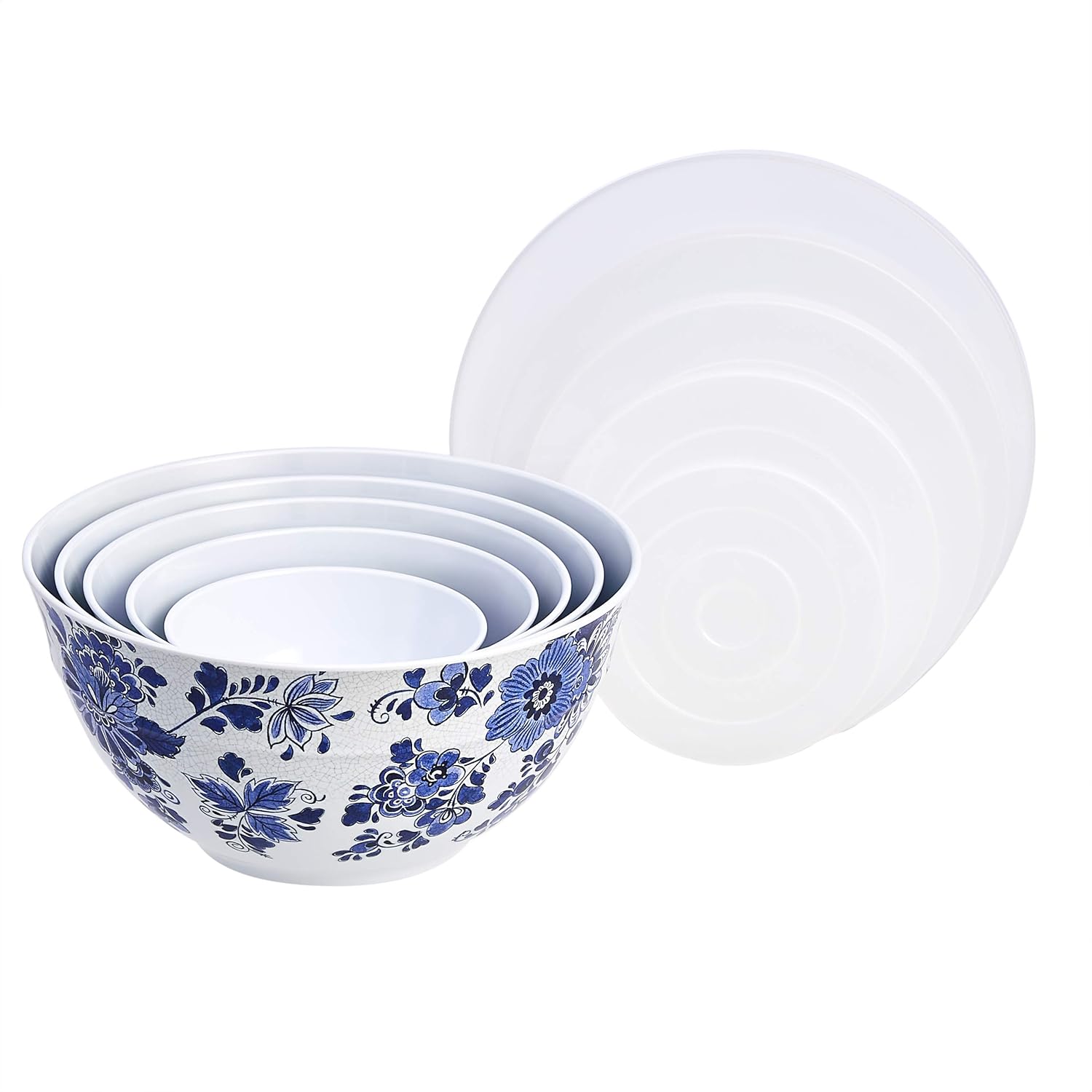 Amazon Basics Nesting Melamine Mixing Bowls with Lids and Non-Slip Base, Dishwasher Safe, Space Saving, 5 Sizes, Blue and White Floral, Set of 10 - Image 2