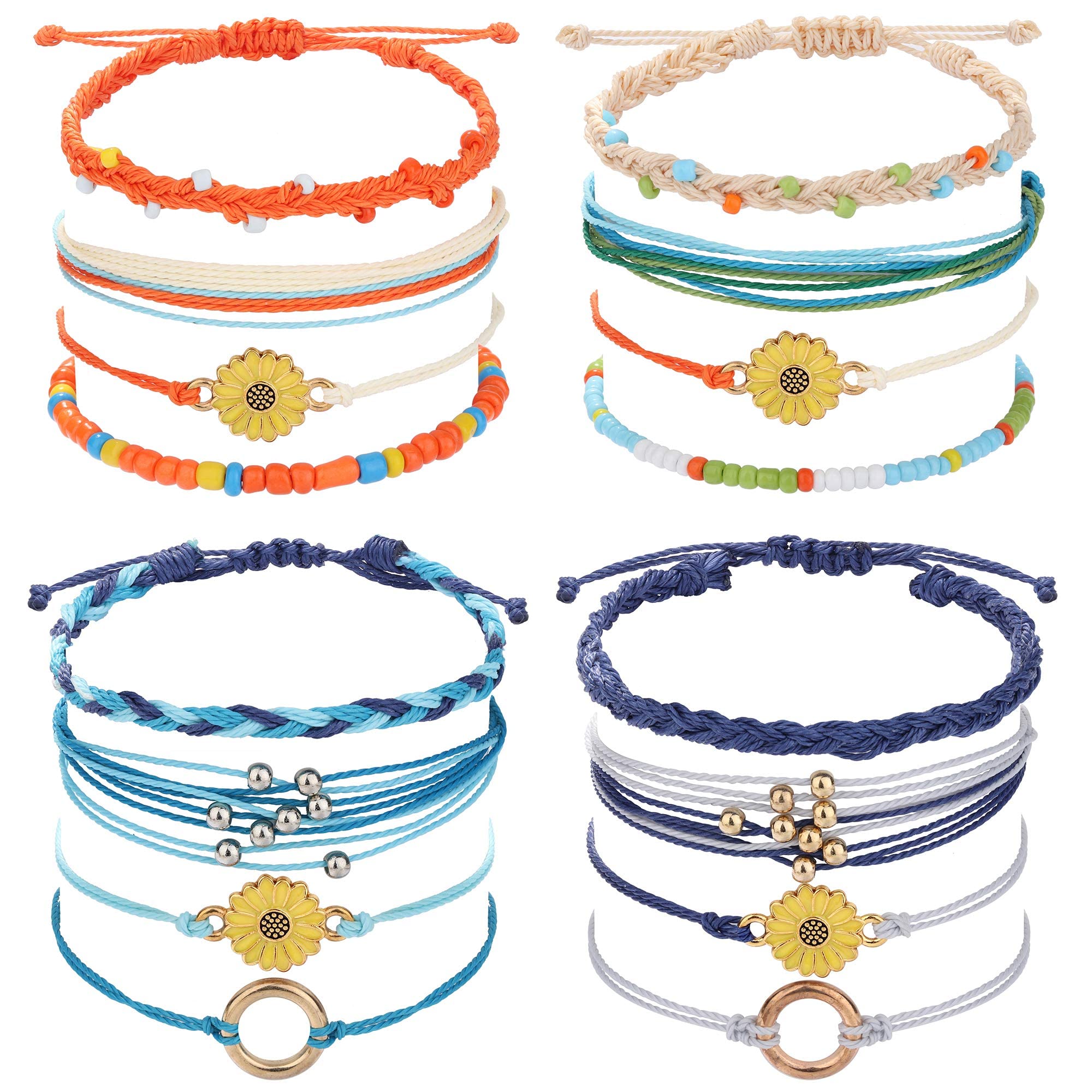 JeryWe16pcs Sunflower Anklet Bracelet for Women Adjustable Boho Friendship Wrap Bracelet Colorful Surfer Waterproof Handmade Bracelet Strand Braided Rope Ankle Bracelet Set Hawaii Jewellry Gifts