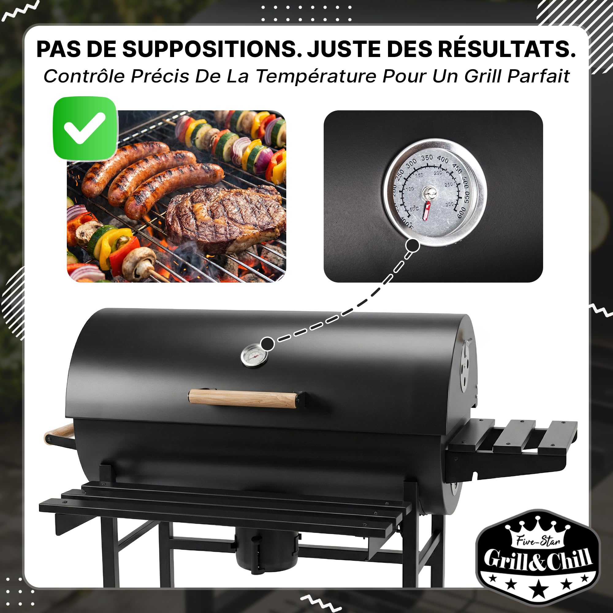 Five-Star Grill & Chill Barbecue charbon de bois - barbecue de jardin, barbecue charbon grande grille chromée 71×35 cm, couvercle, cendrier, thermomètre, deux roues de transport, BBQ, GC0002