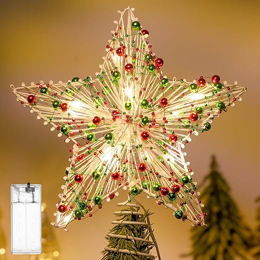 Christmas Star Tree Topper 8.3" Red Green Berries Decor