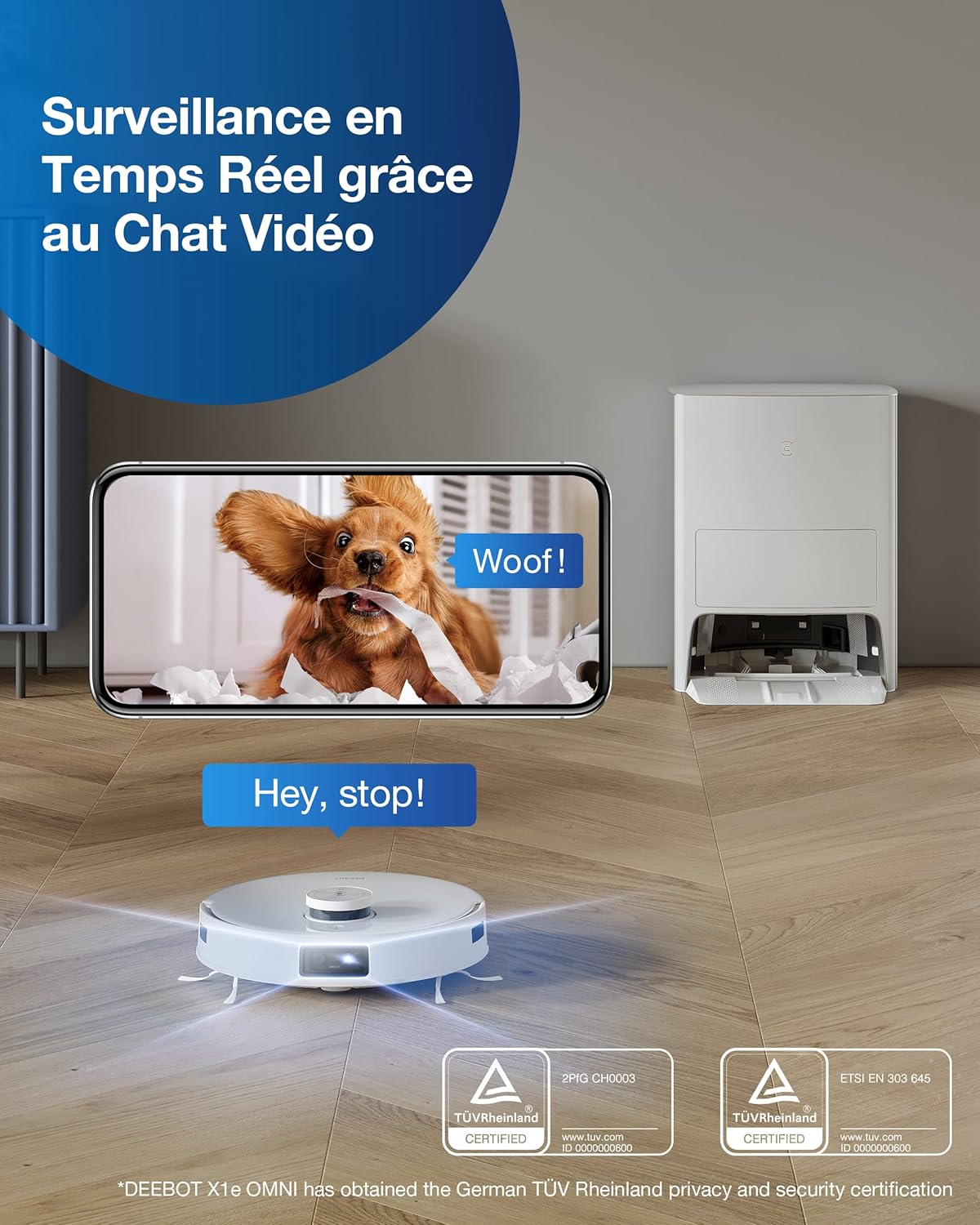 ECOVACS DEEBOT X1e Omni with a smartphone displaying real-time video feed from the robot's camera, showing a dog in the living room