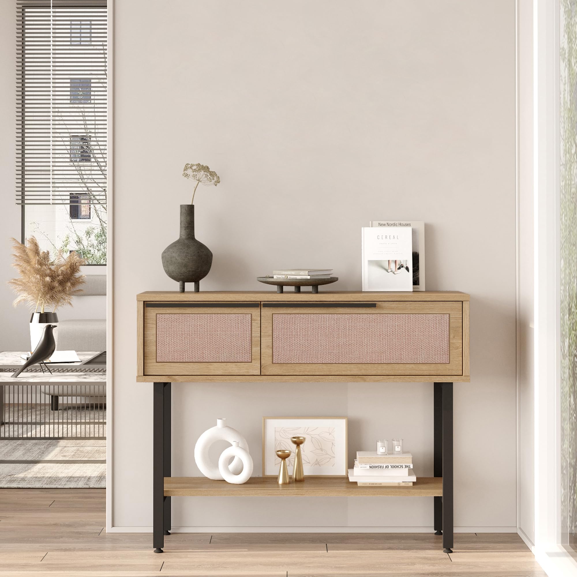 [en.casa] Mueble Recibidor Kvænangen con 2 Puertas Abatibles Consola Mesa de Entrada con 2 Compartimentos Cerrados y 1 Estante Aglomerado Metal 100x30x76 cm - Efecto Roble y Ratán