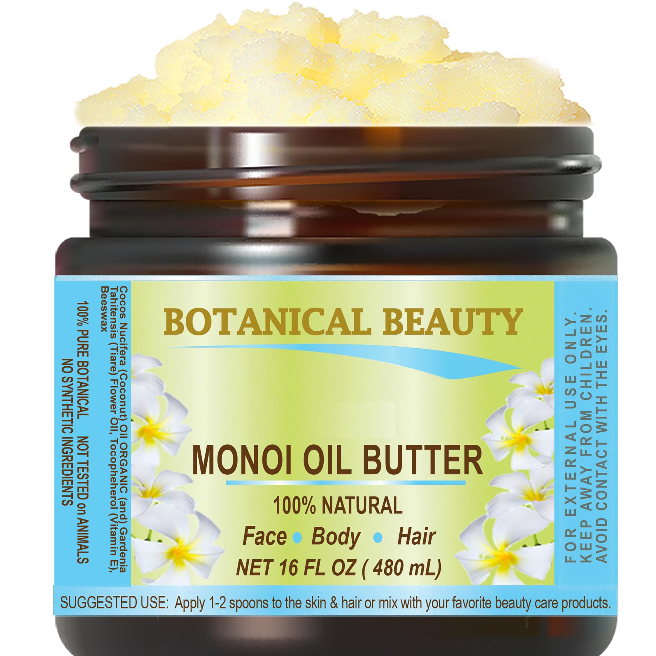 Botanical Beauty ORGANIC MONOI TIARE TAHITI OIL BUTTER 100% Natural 16 Fl.oz - 480 ml. For Skin, Face, Hair and Nail Care.