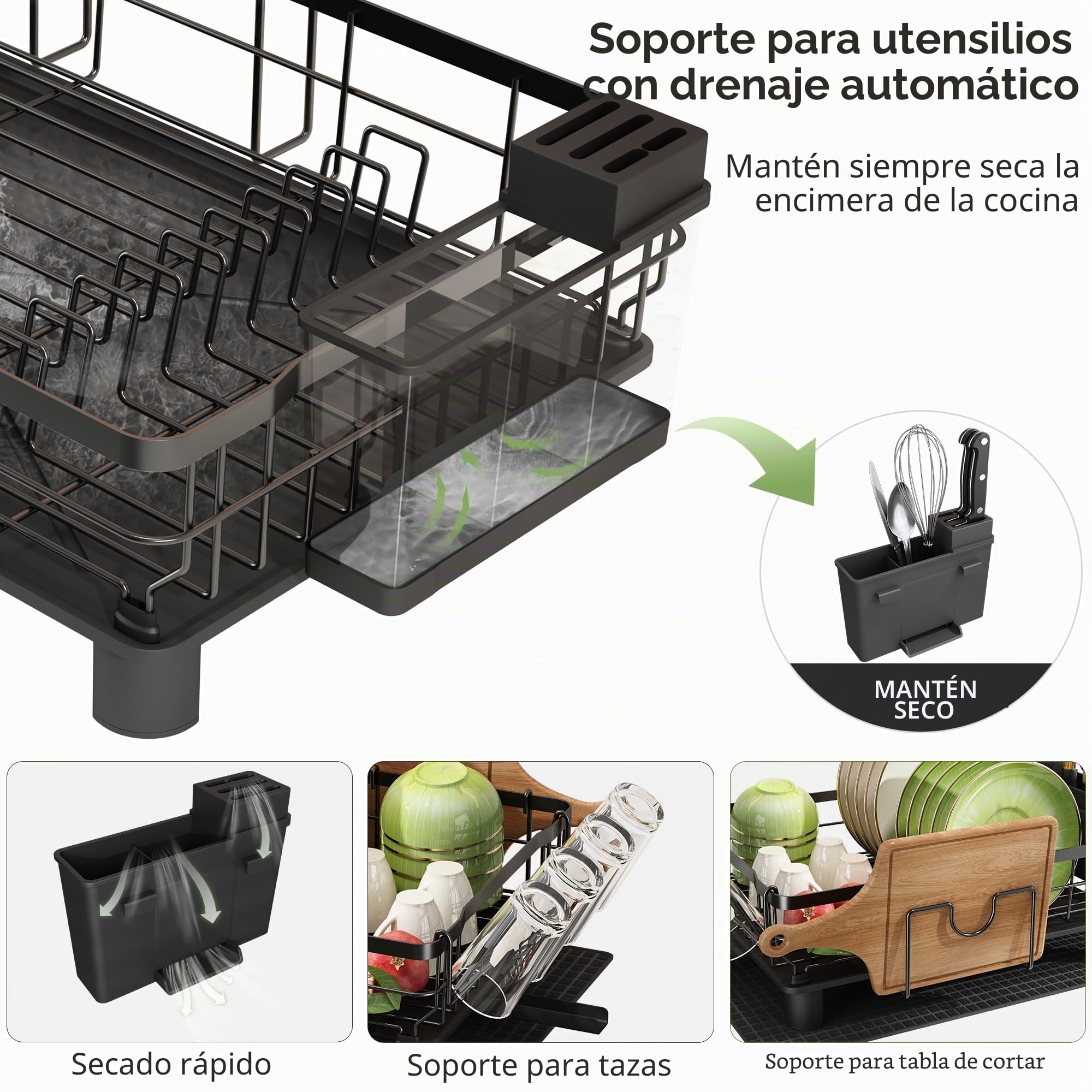 Boosiny Escurreplatos Acero Inoxidable con Drenaje, Escurridor de Platos Grande para Poner en encimera con desagüe Automático, Soporte para Utensilios, Tabla de Cortar, Portavasos, 2 Niveles, Negro