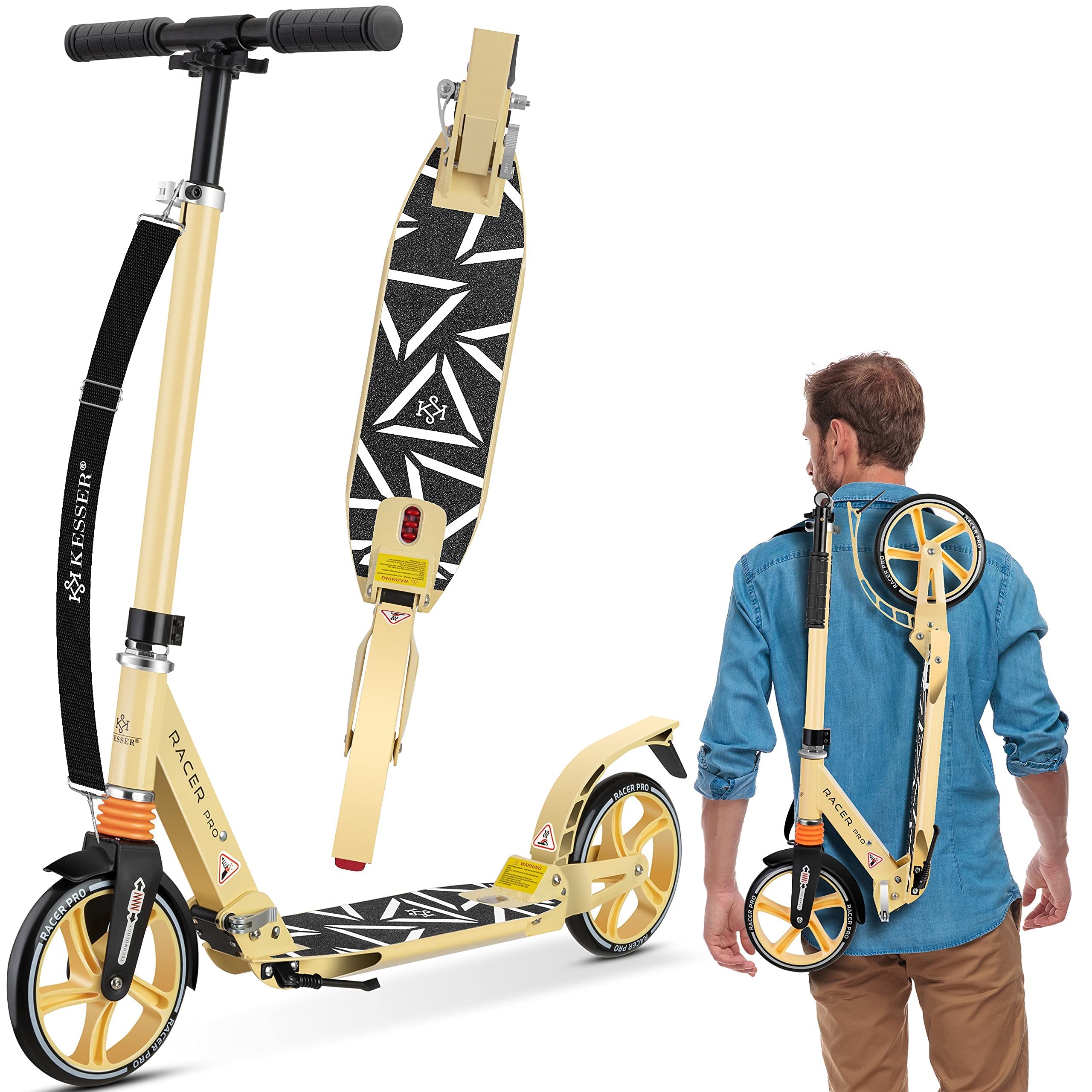 KESSER® Cityroller Scooter 205mm Räder PU Big Wheel - Pro-S Tretroller mit Doppel Federung, bis 100kg City-Roller klappbar und Höhenverstellbar Inkl. Gurt, Roller Kickscooter für Erwachsene und Kinder