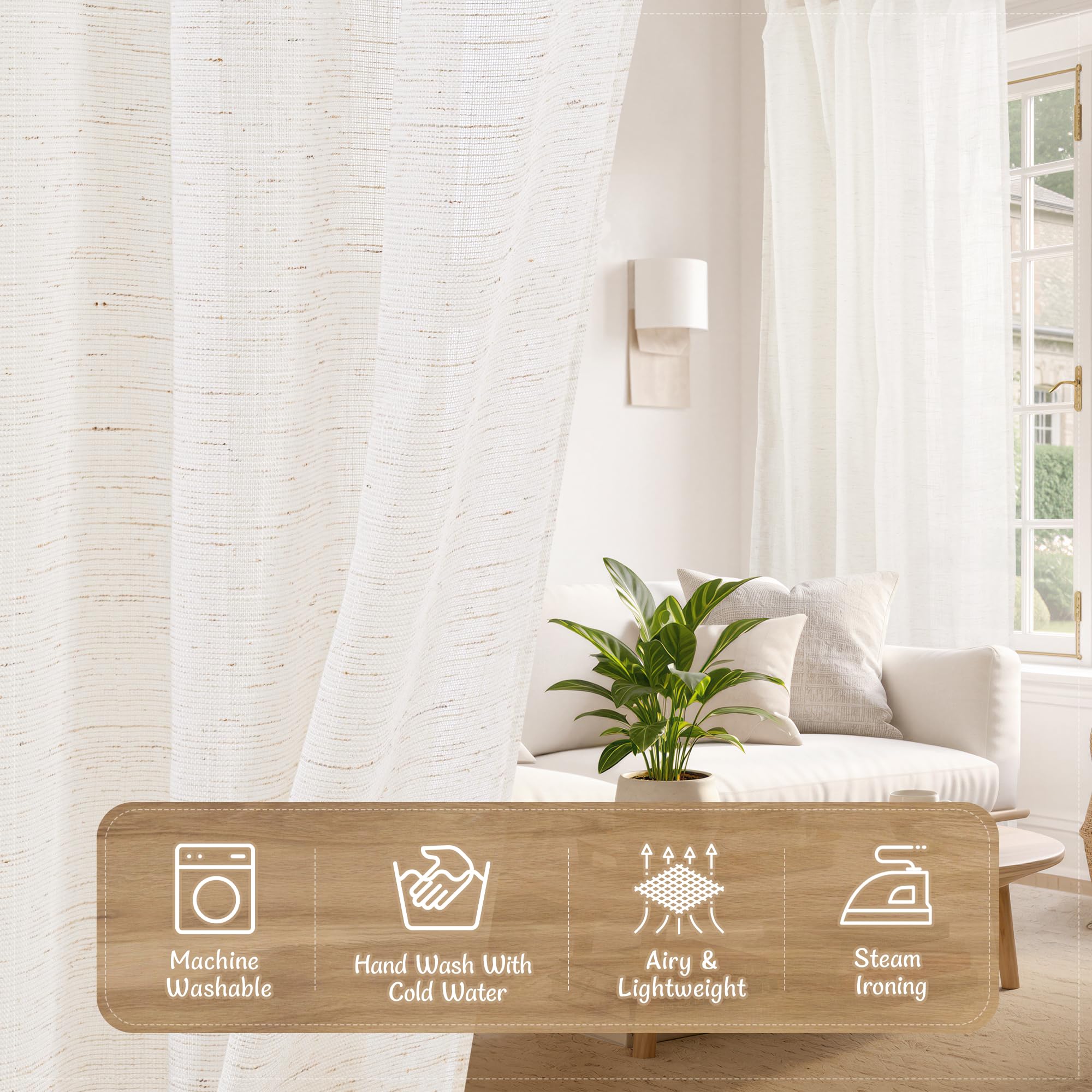 LAMIT Natural Linen Semi Sheer Curtains 84 Inches Long 2 Panels, Living Room Linen Textured Light Filtering Drapes Back Tab and Rod Pocket Neutral Window Panels for Bedroom/Sliding Door, 52 x 84 Inch — view 9