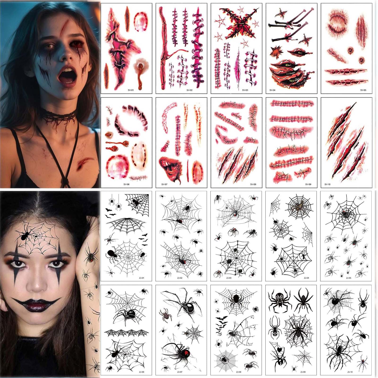 JOOTUEPO 20 Sheets Halloween Tattoos, Zombie Scars Tattoos Stickers, Makeup Halloween Face Stickers