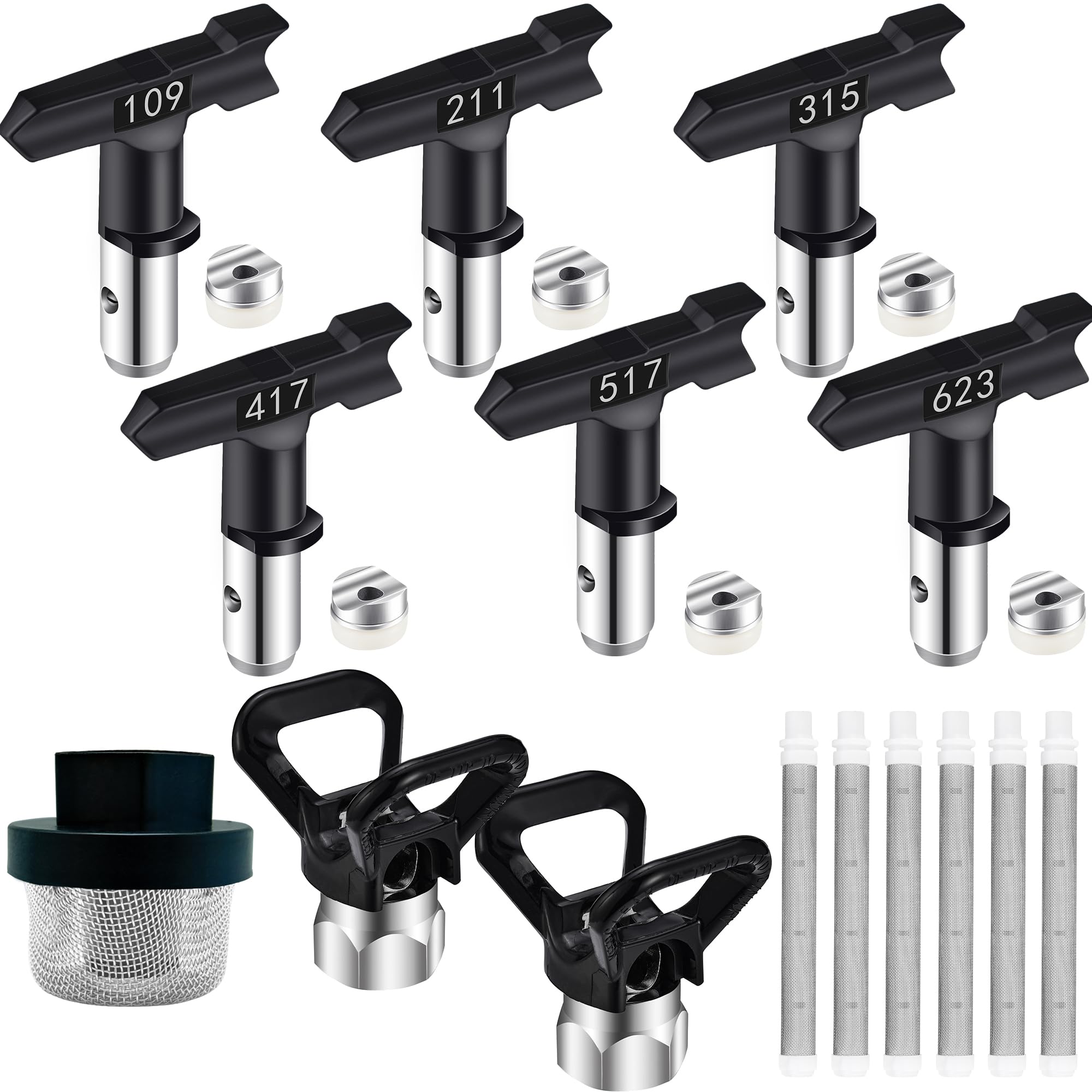 15-teiliges Airless-Farbsprühspitzen-Set, 6 wendbare Sprühdüsenspitzen, 6 Airless-Farbspritzpistolenfilter, 1 Einlasssieb und 2 Düsenspitzenschutz für Spritzmaschinenteile