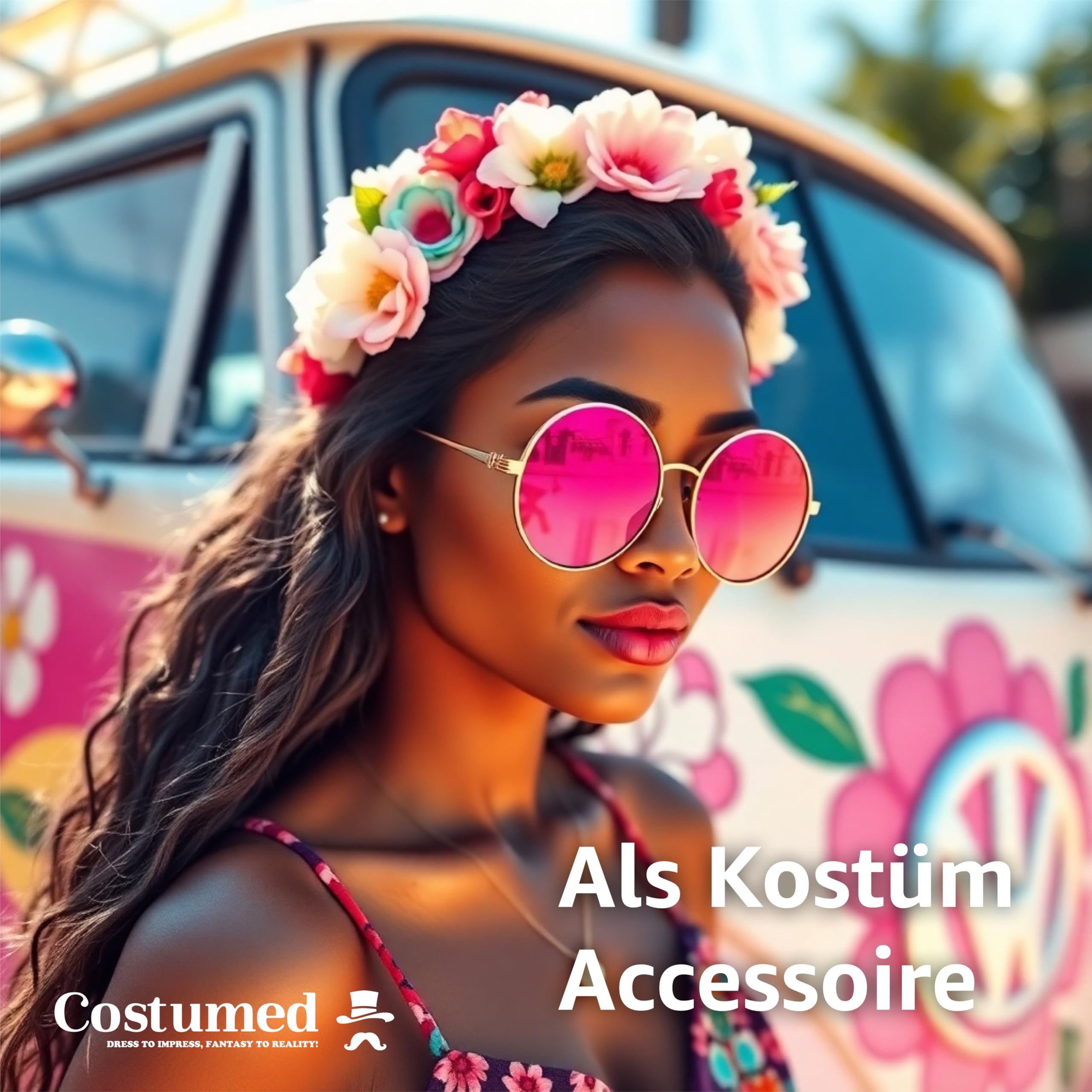 Costumed Hippie Glasses - Round Pink Sunglasses as 70s & 80s Accessory for Fancy Dress & Carnival Inspired by John Lennon - Image 3