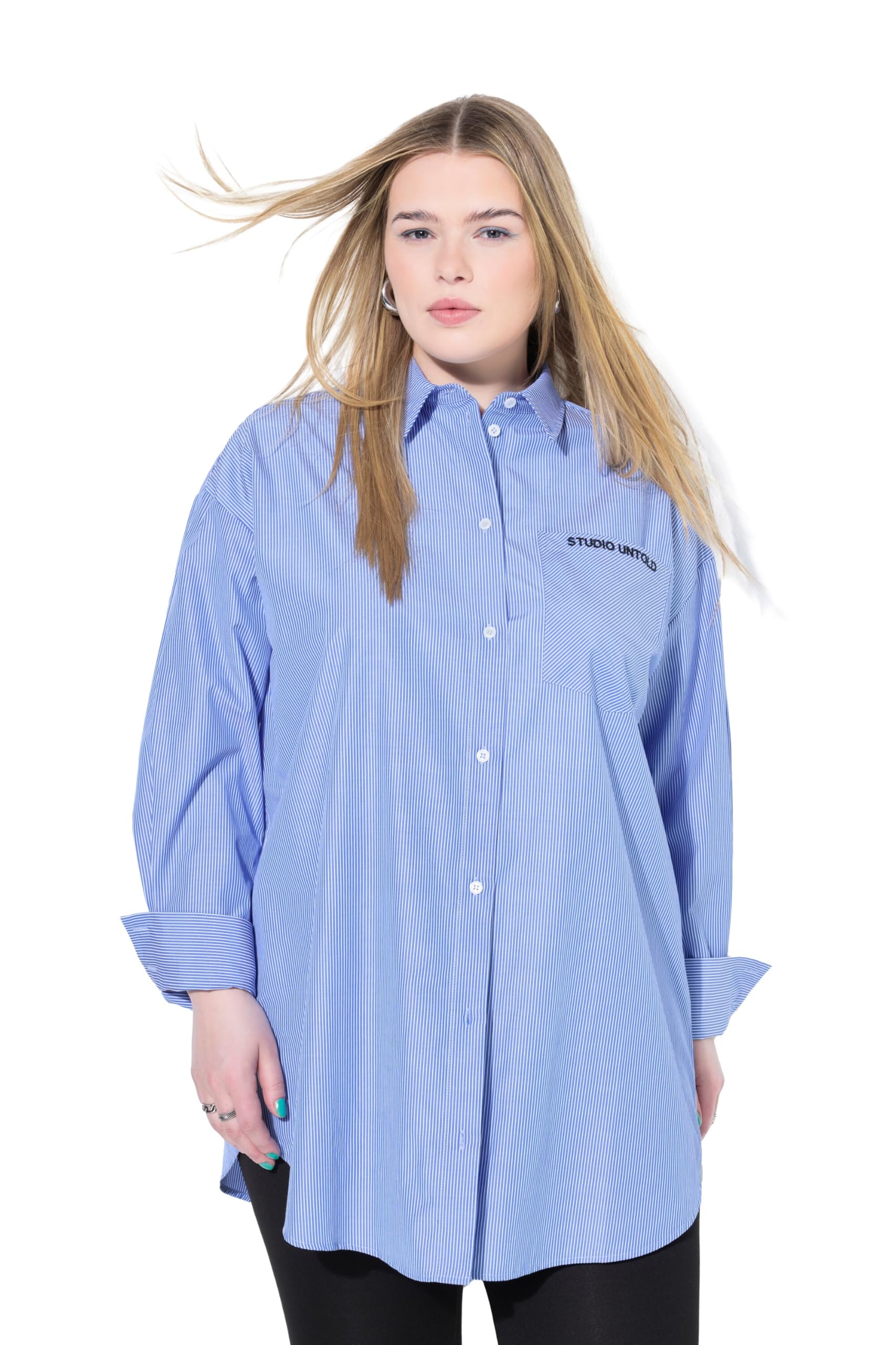Studio Untold Damen große Größen Übergrößen Plus Size Hemdbluse, Oversized, Streifen, bestickte Tasche 841622