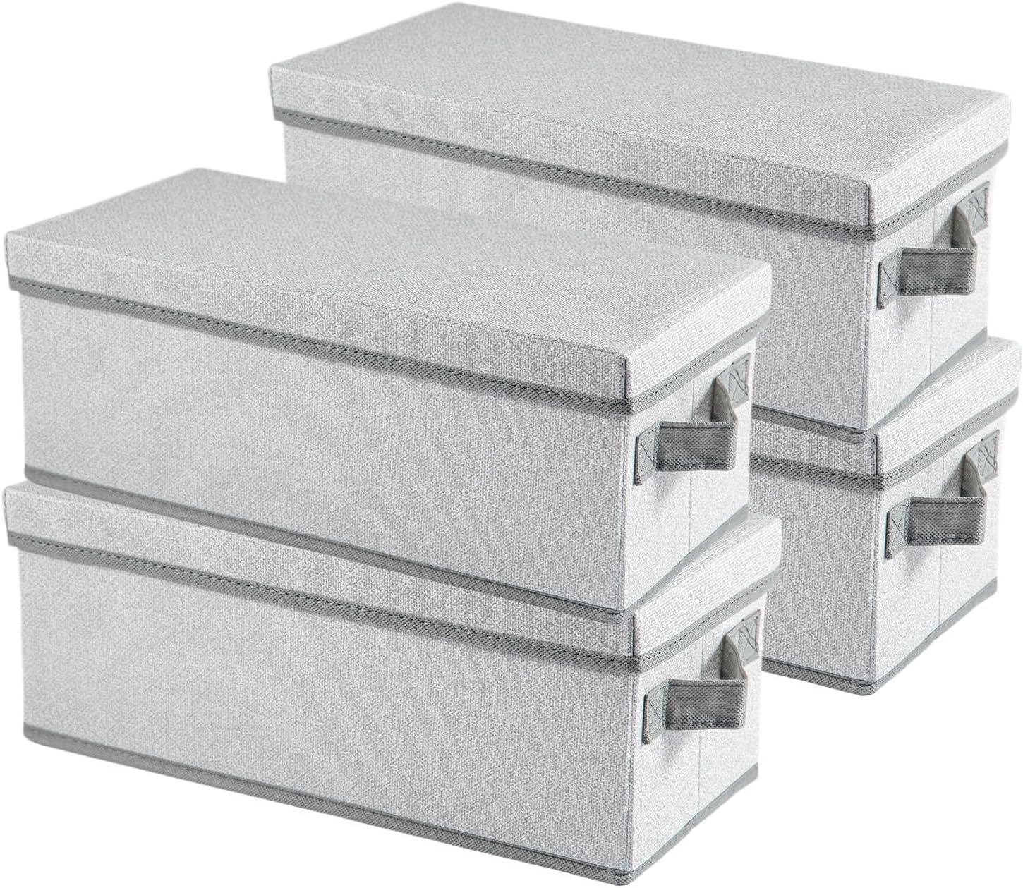 FERNVALE DVD Storage Boxes with Lids – 36×17×14cm Collapsible Small Storage Bins, Slim Storage Box for DVDs & CDs, Storage Boxes for Home & Kitchen, Wardrobe, Office (Grey, 4-PACK)