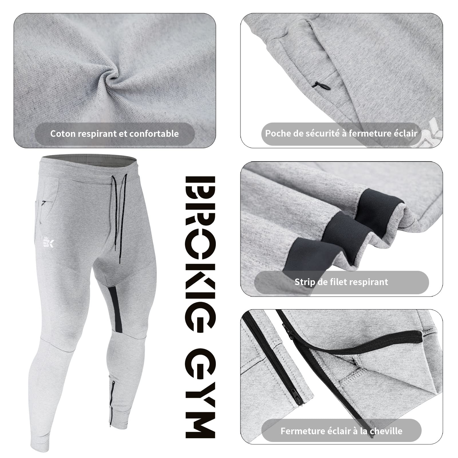 BROKIG - Pantalón deportivo para hombre, fitness, algodón, con bolsillos con cremallera