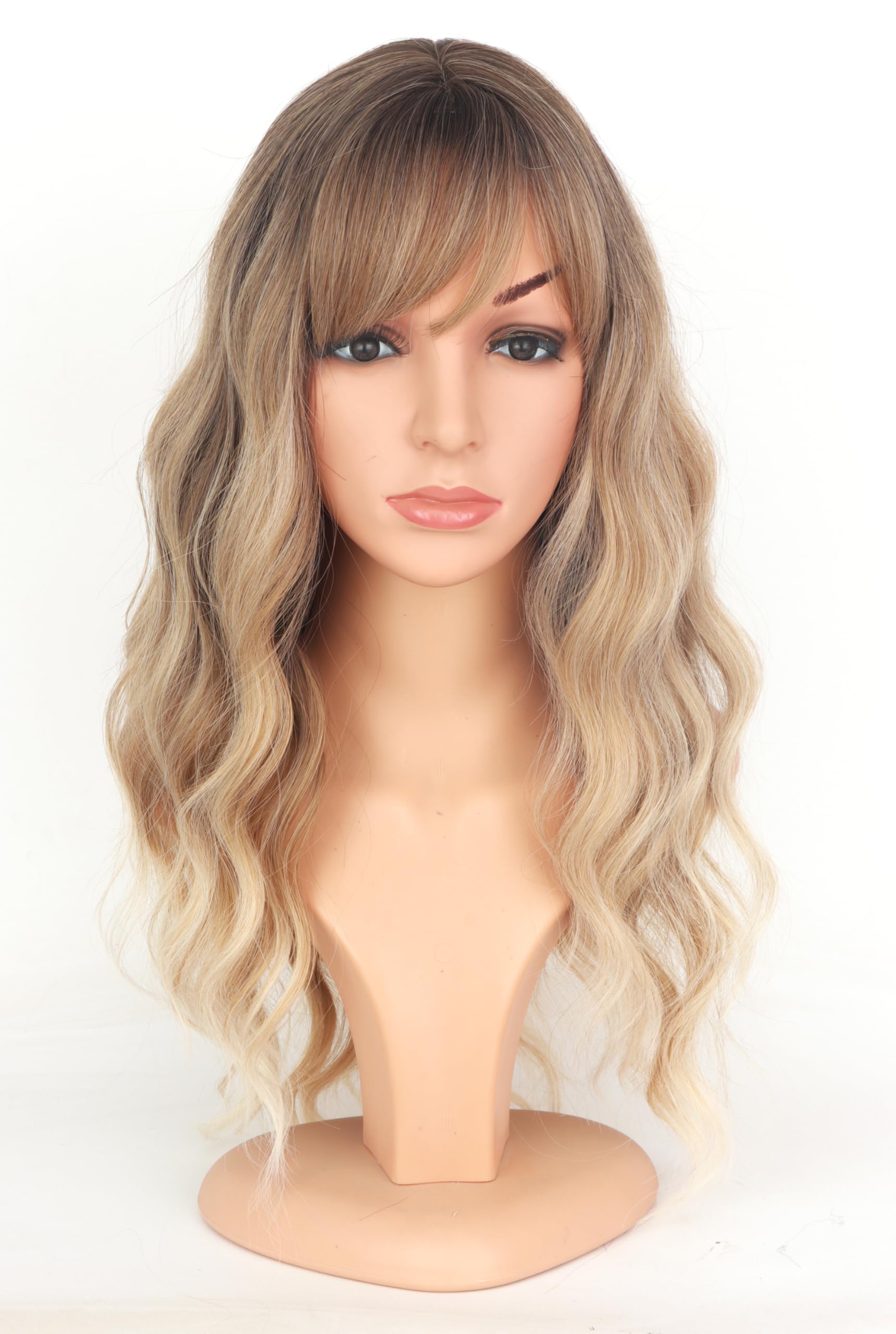 SYMEIW Ombre Dirty Blonde Wavy Wigs With Bangs For Women Medium Long Ash Blonde Synthetic Wigs For Daily Use （Dirty Blonde）