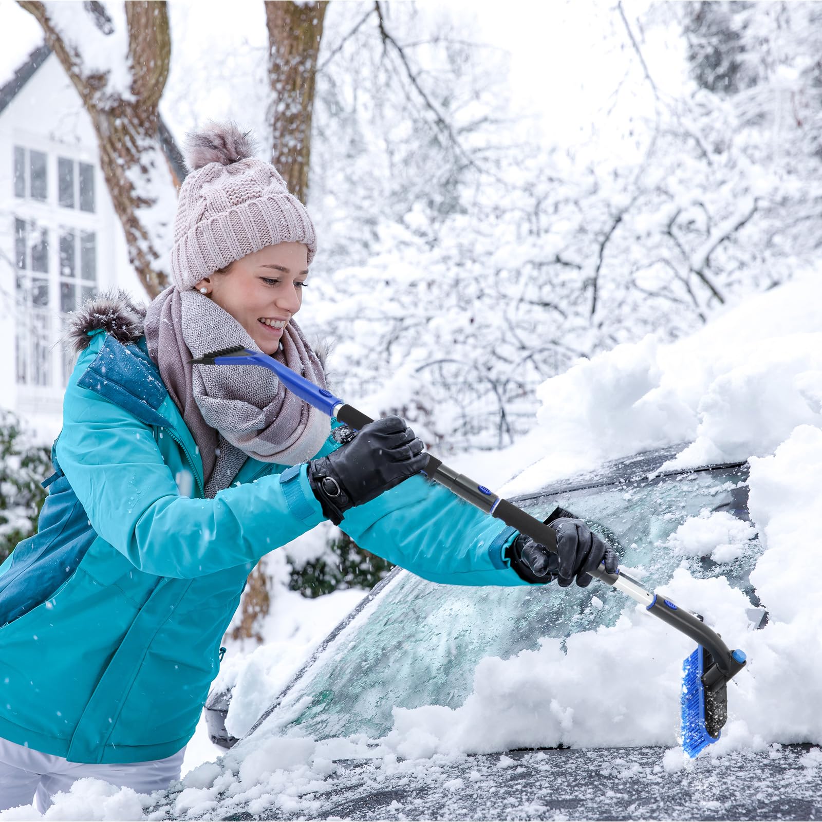 Rascador de hielo de 47 pulgadas y cepillo de nieve extensible para parabrisas de coche, 2 en 1, cabezal de cepillo de nieve giratorio de 360° con agarre de espuma para Navidad, automóvil, camión, SUV