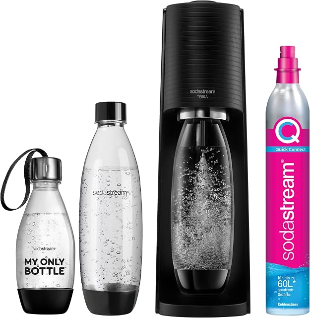 SodaStream Terra Water Carbonator Value Pack with CO2 Cylinder, 2 x 1 L Dishwasher-Safe Plastic Bottle and 1 x 0.5 L Dishwasher-Safe Plastic Bottle, Height 44 cm, Black