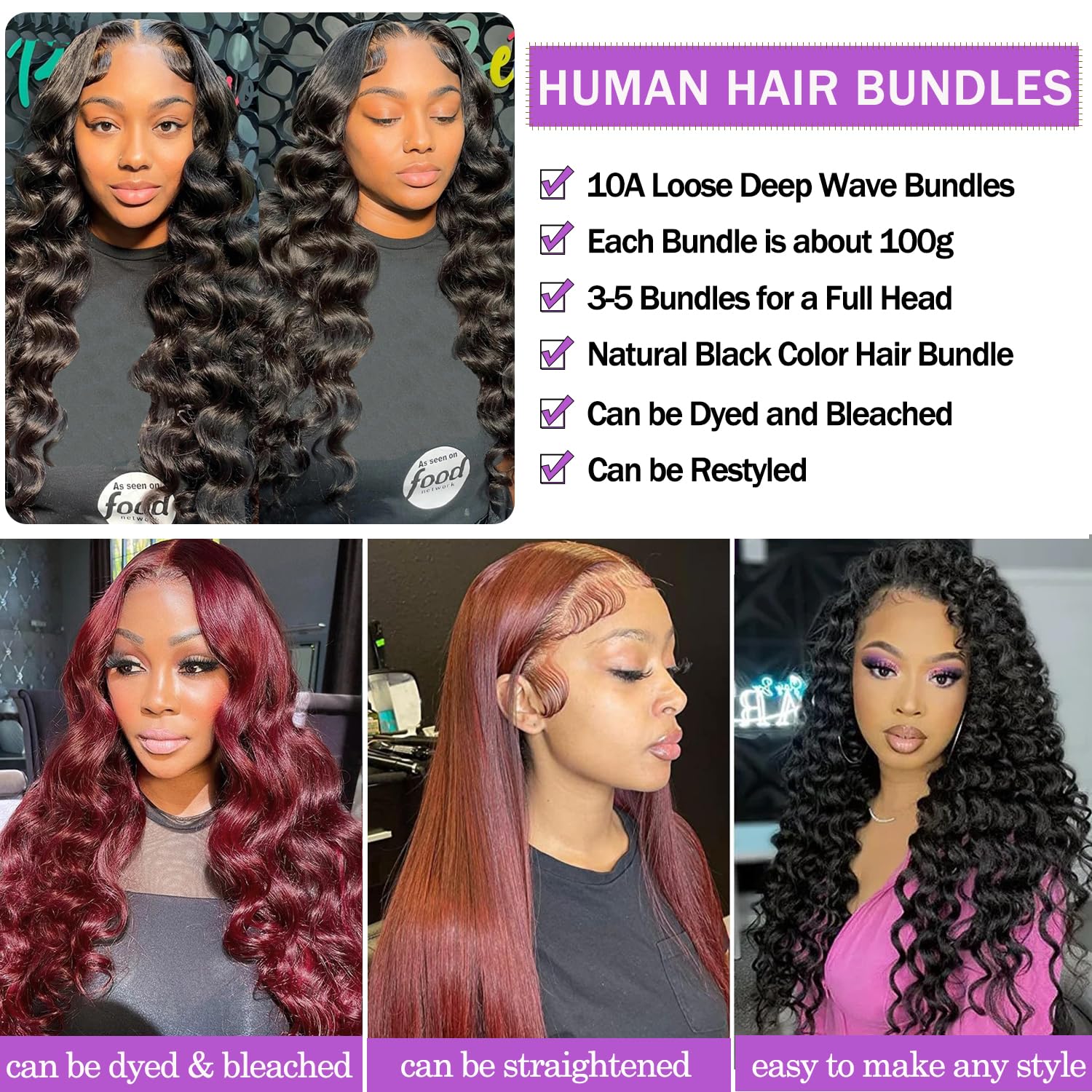 10A Raw Human Hair Bundles with 4x4 Loose Deep Wave Closure (20 22 24+20 Inch), Unprocessed Brazilian Virgin Curly Human Hair Bundles with Lace Closure Free Part Pre plucked Natural Color