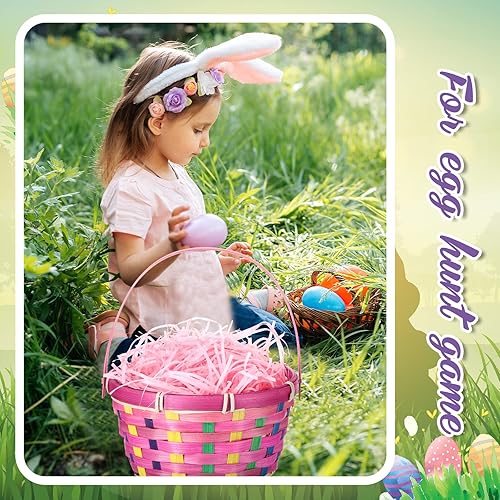 Miniatura 5 de 12 cestas de bambú de Pascua con asa y hierba de papel de rafia de 16.93 oz, cesta de Pascua tejida a mano para caza de huevos, picnic y recuerdos