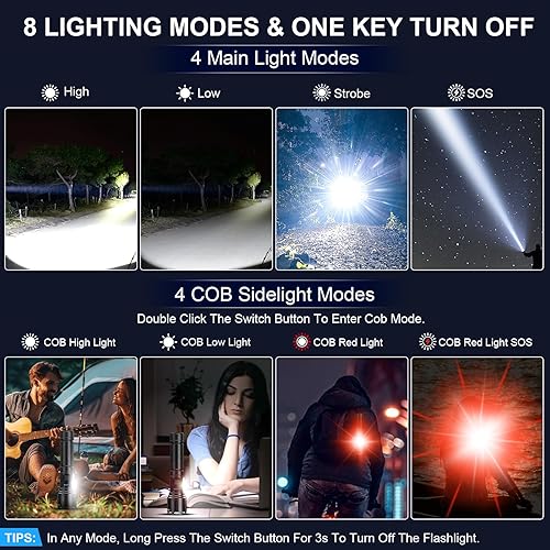 Miniatura 7 de Linternas magnéticas recargables de alto lúmenes, linterna LED súper brillante potente 8 modos con luz de trabajo COB, luz flash de mano impermeable