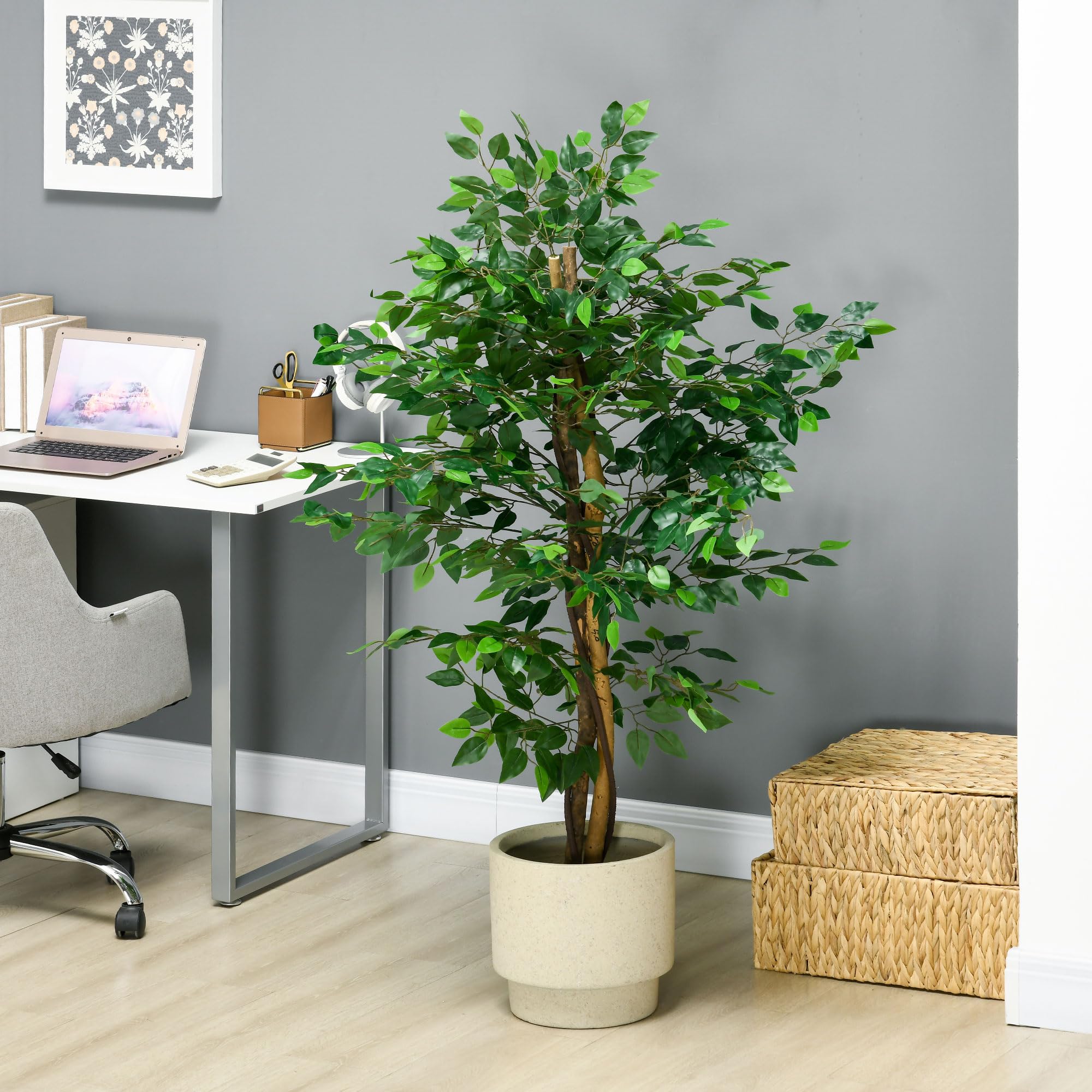 HOMCOM Pianta Finta di Ficus 150 cm con 882 Foglie, Pianta Artificiale da Esterno e Interno, Vaso Incluso, Verde