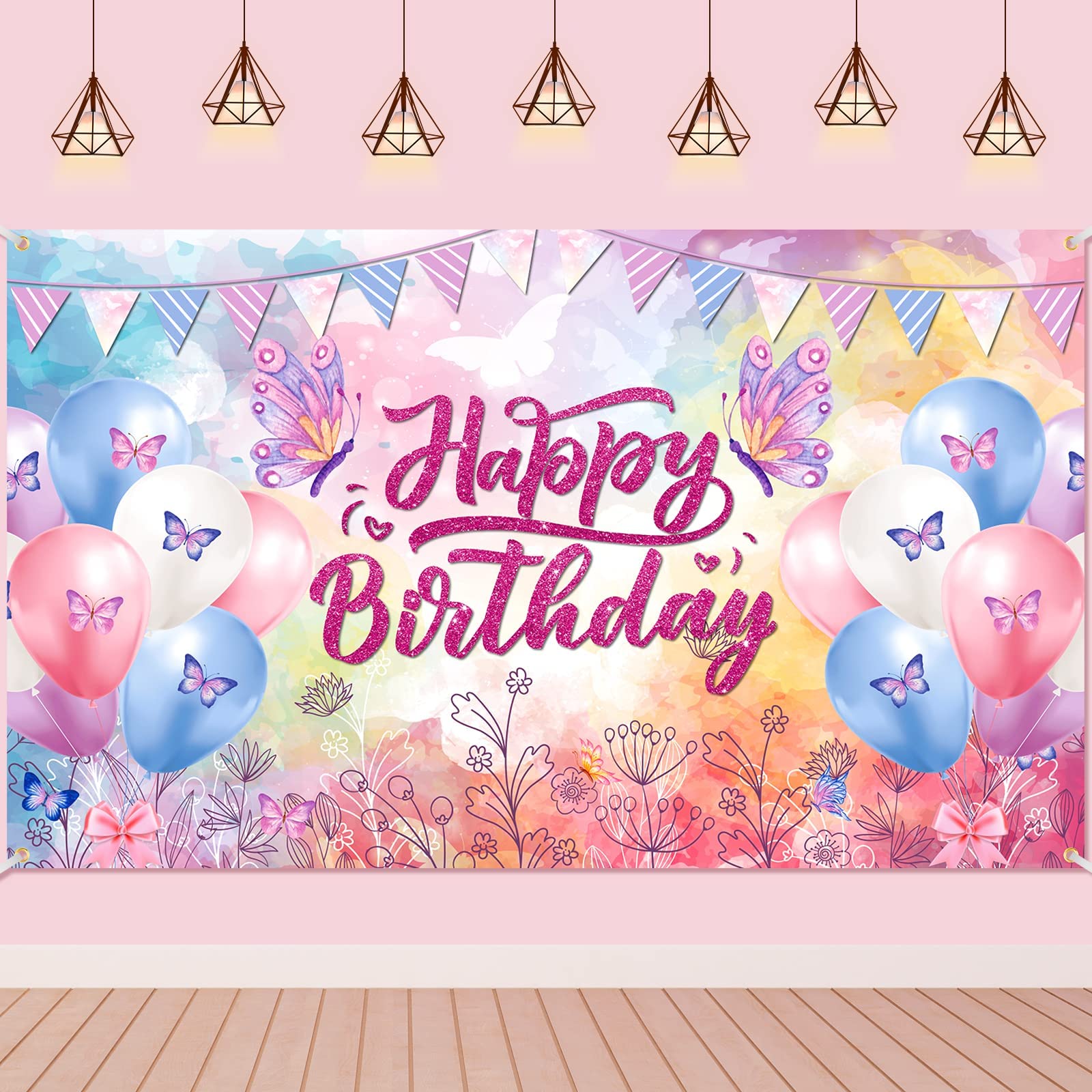 MAKINGTEC Happy Birthday Banner Decorations, Large Butterfly Birthday Party Banner Backdrop for Kids Girls Women Butterfly Theme Party Background Sign Photo Booth Birthday Party Supplies 180 * 120cm