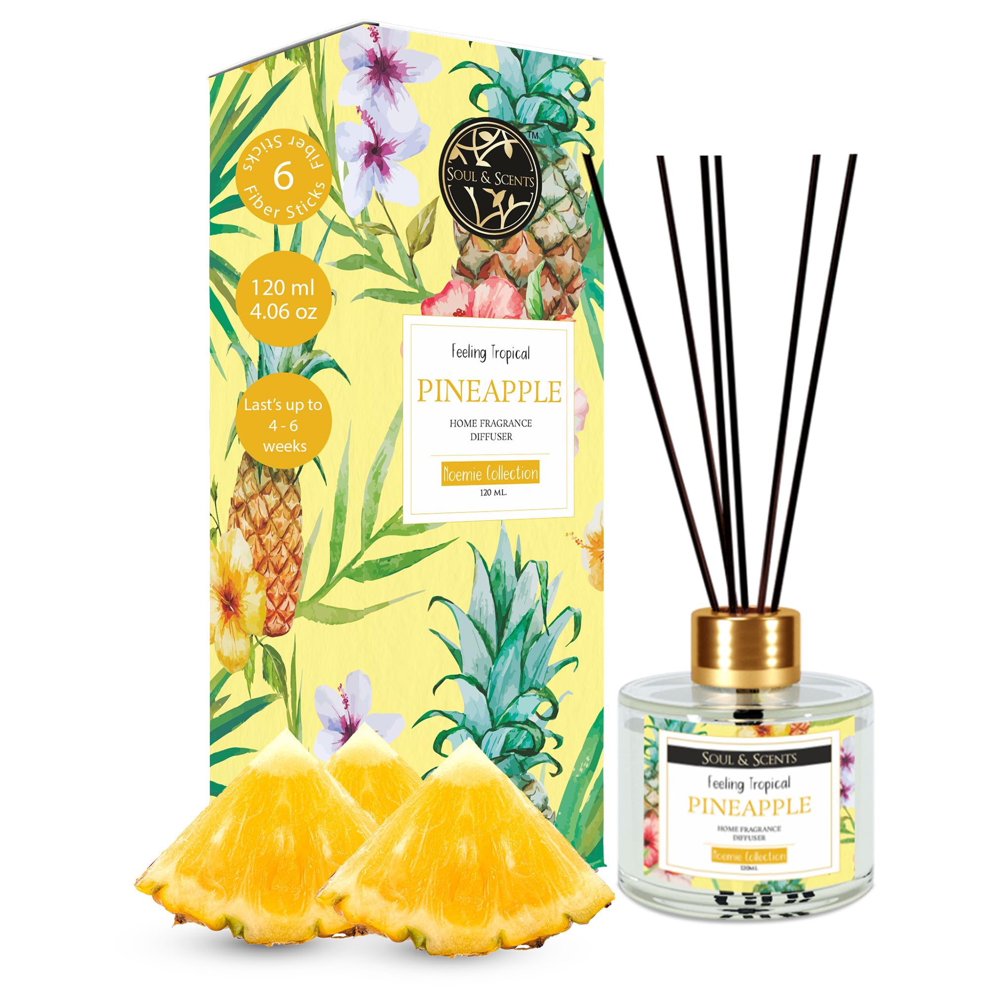 Soul & Scents120Ml Pineapple Reed Diffuser Set | Free 6 Fiber Reed Sticks | Toxin Free & Stress Relief | Long Lasting | Smoke Less Room Freshener for Home, Bedroom, Living Room & Office