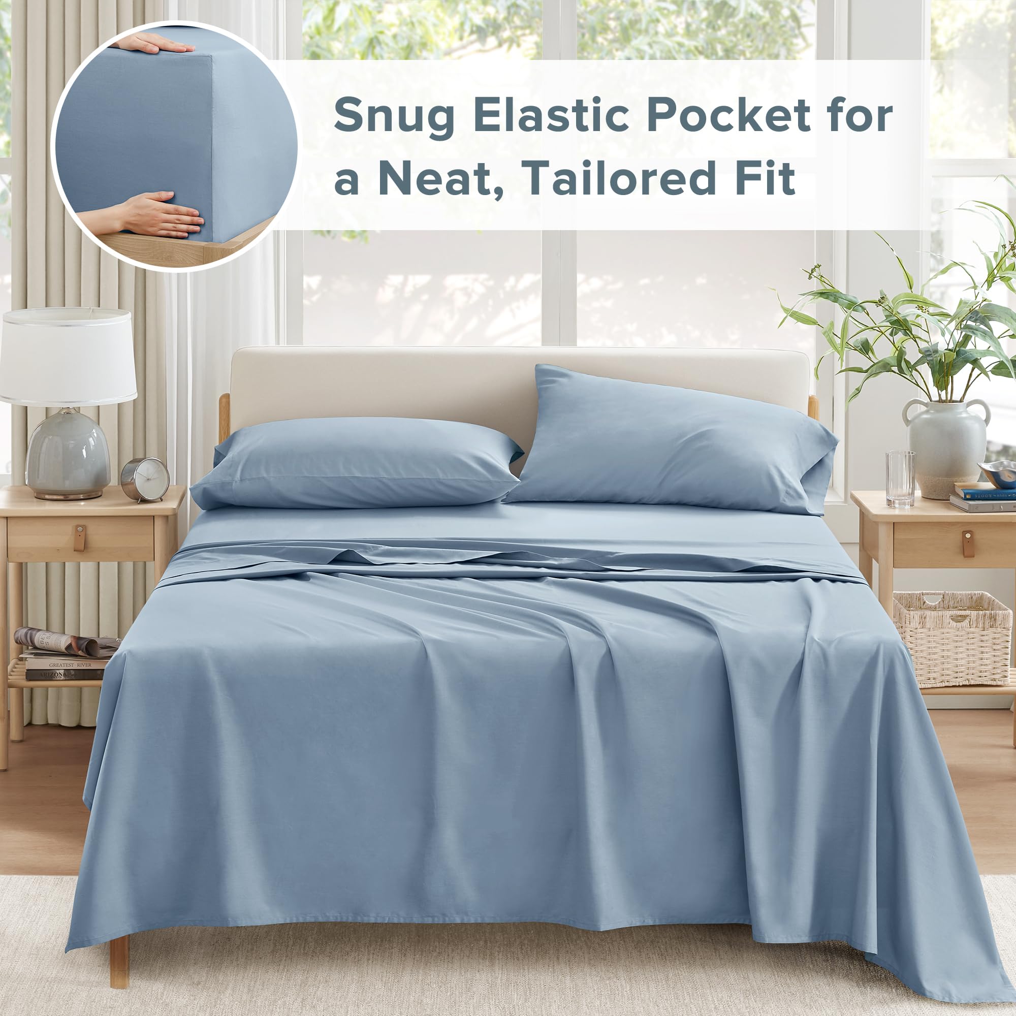 Blue 100% Cotton Percale Twin Sheet Set 3 Pcs U53239