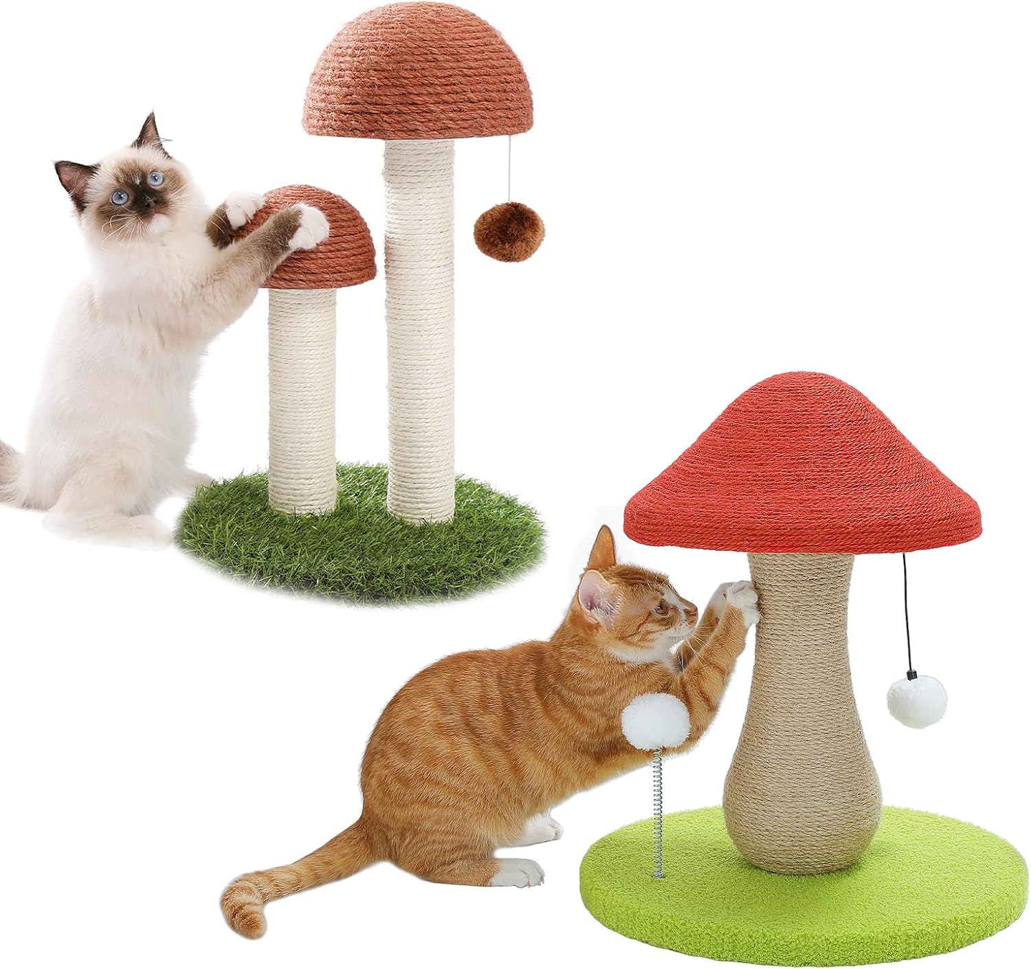 PETEPELA Cat Scratching Post, Mushroom Tall Cat Scratcher Featuring with Natural Sisal Scratching Poles and Interactive Toy Ball +PETEPELA Mushroom Cat Scratching Post, Cat Scratcher Cute