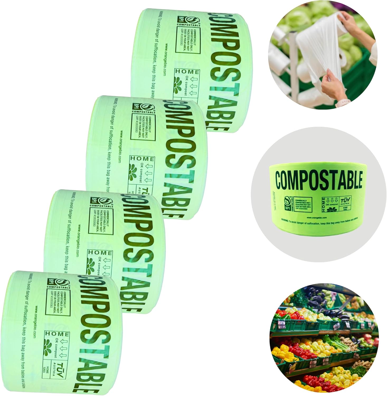 OrangeBio Compostable Produce Bags, 15 x 18 Inches, 250 Count, Single Roll, Holds Up to 20 lbs, BPI Certified ASTM D6400 & TÜV OK Compost Home Certified