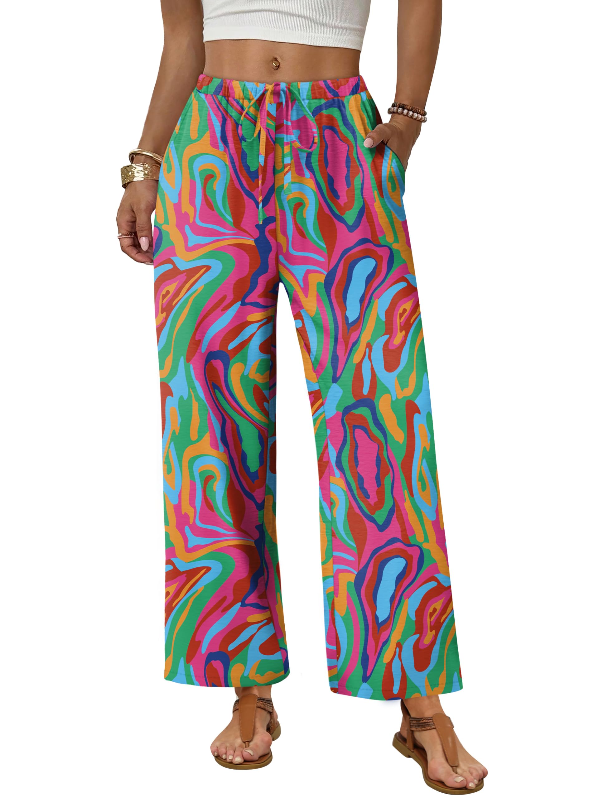 Sampeel Wide Leg Pants Women Casual Palazzo Drawstring Elastic Waist Trousers with Pockets Summer Beach Vacation Clothes — view 12