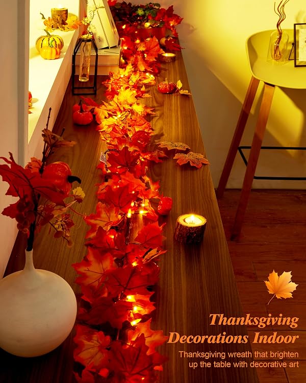 VCOKEN 11FT Fall Garland With Lights - 50 Bulbs Connectable Maple Leaves With Pumpkin, Plug-in Decor for Outdoor Indoor Halloween Thanksgiving Holidays by VCOKEN - Image 3